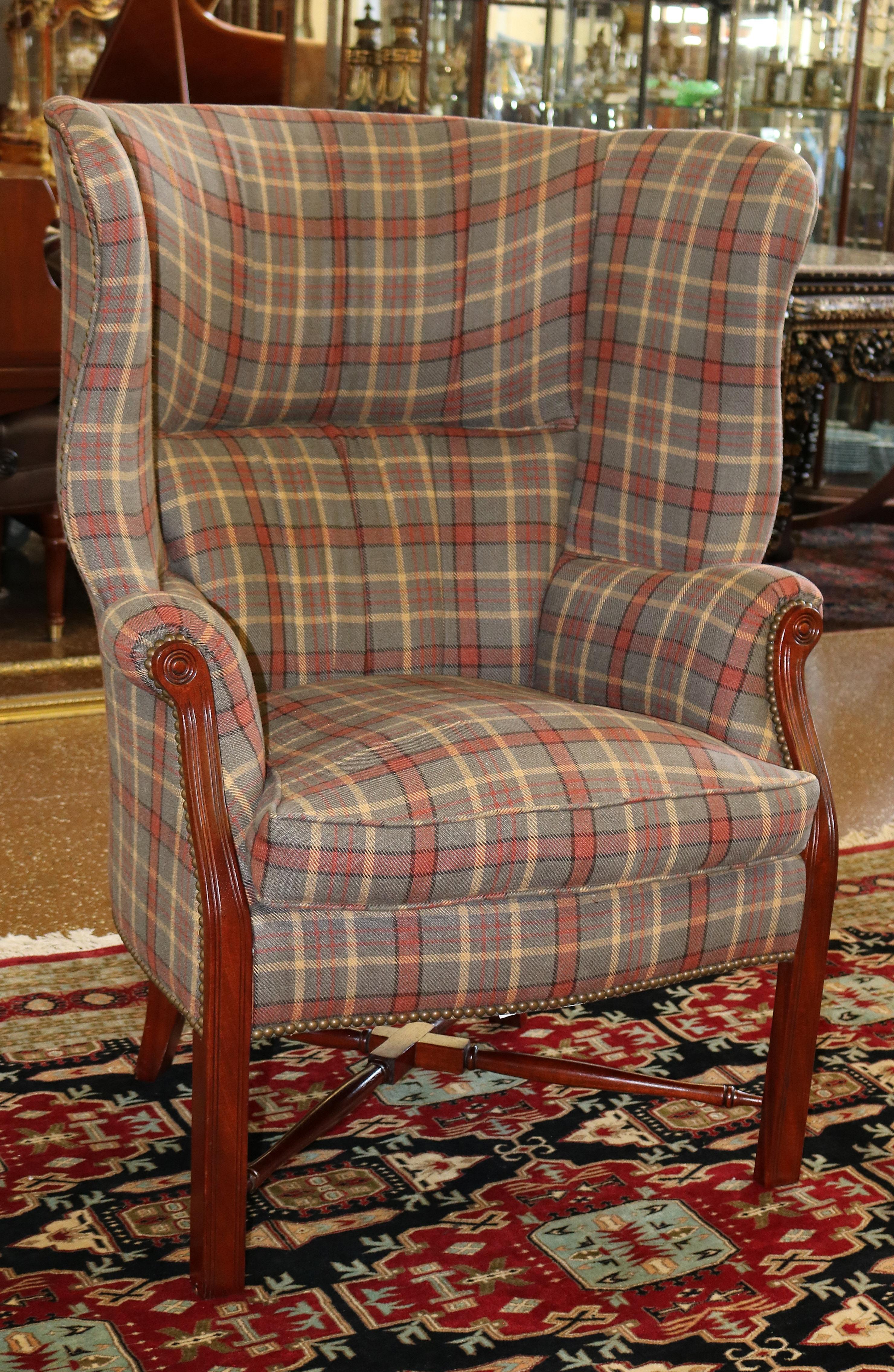 Theodore Alexander TRS Upholstery Mahogany Striped Fabric Fireside Wing Chair In Good Condition In Long Branch, NJ