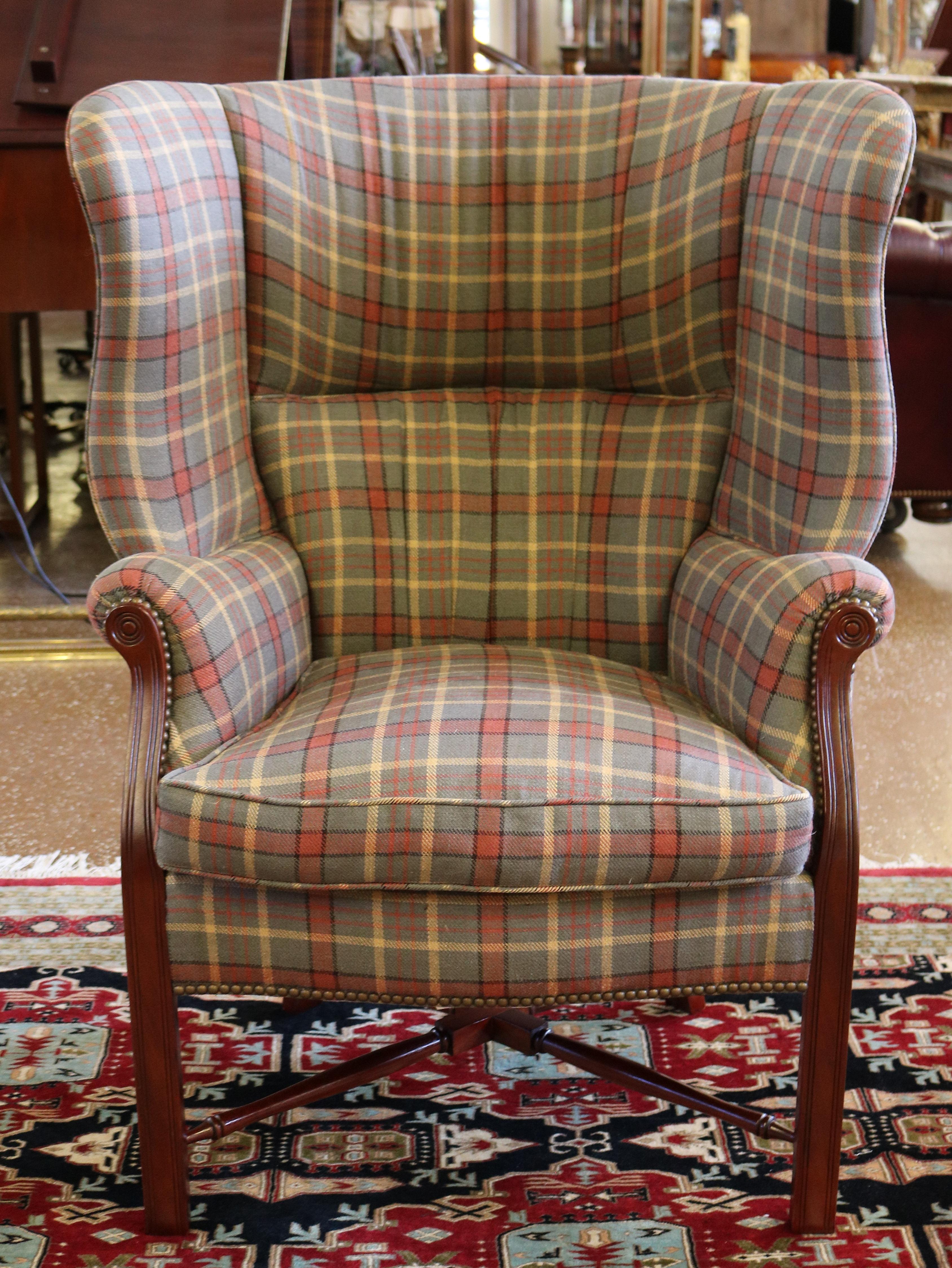 Contemporary Theodore Alexander TRS Upholstery Mahogany Striped Fabric Fireside Wing Chair