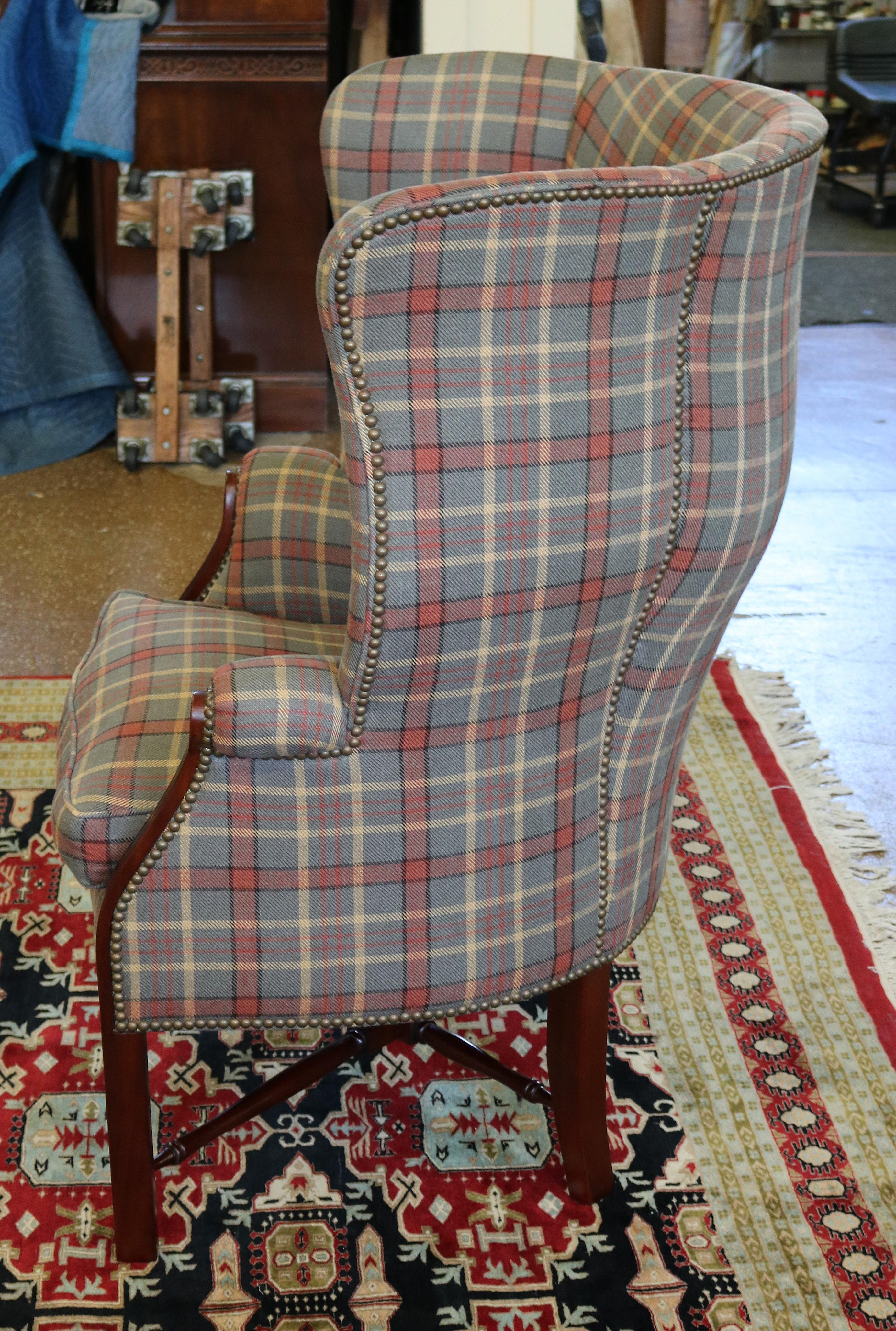Theodore Alexander TRS Upholstery Mahogany Striped Fabric Fireside Wing Chair 1