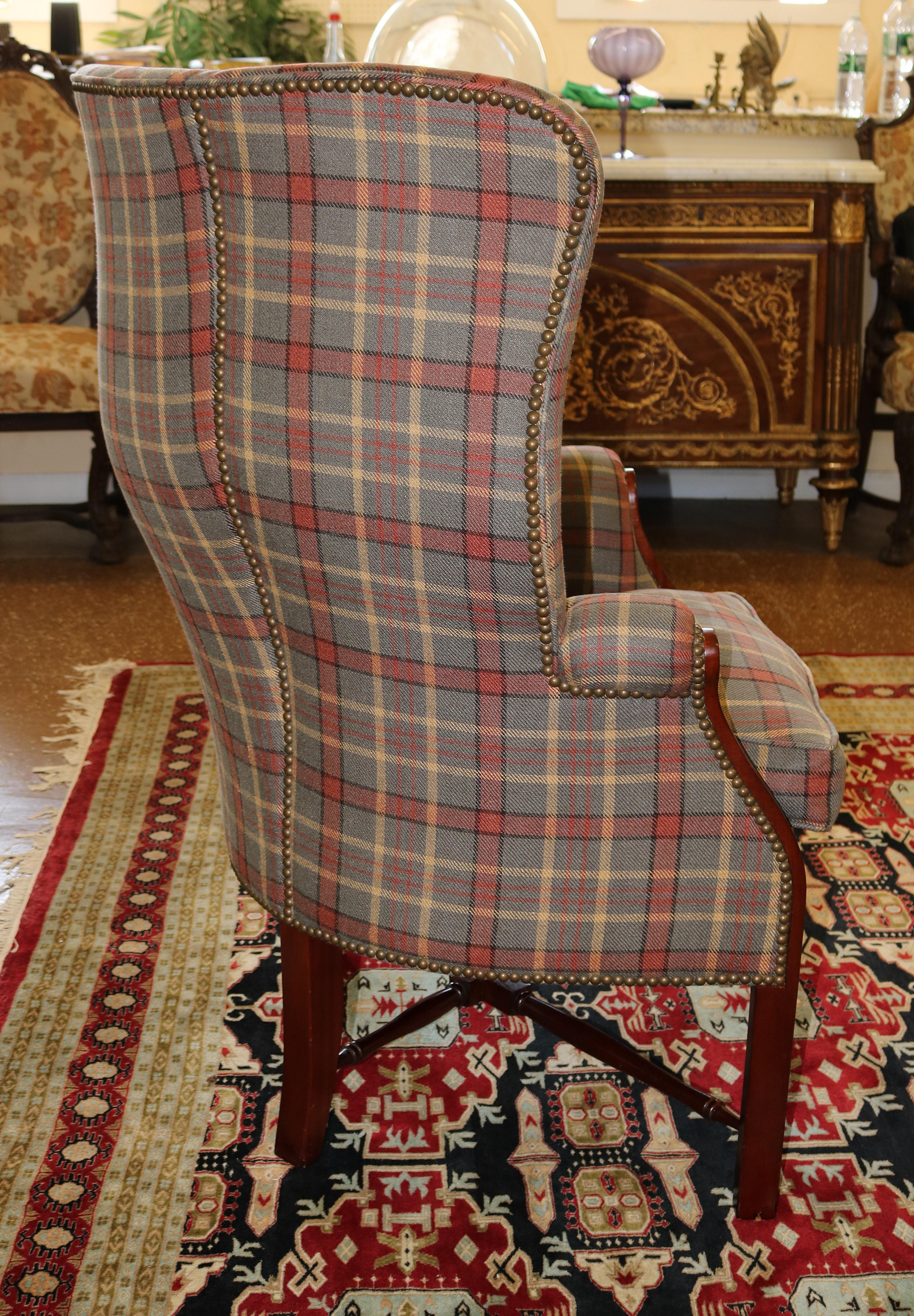 Theodore Alexander TRS Upholstery Mahogany Striped Fabric Fireside Wing Chair 3