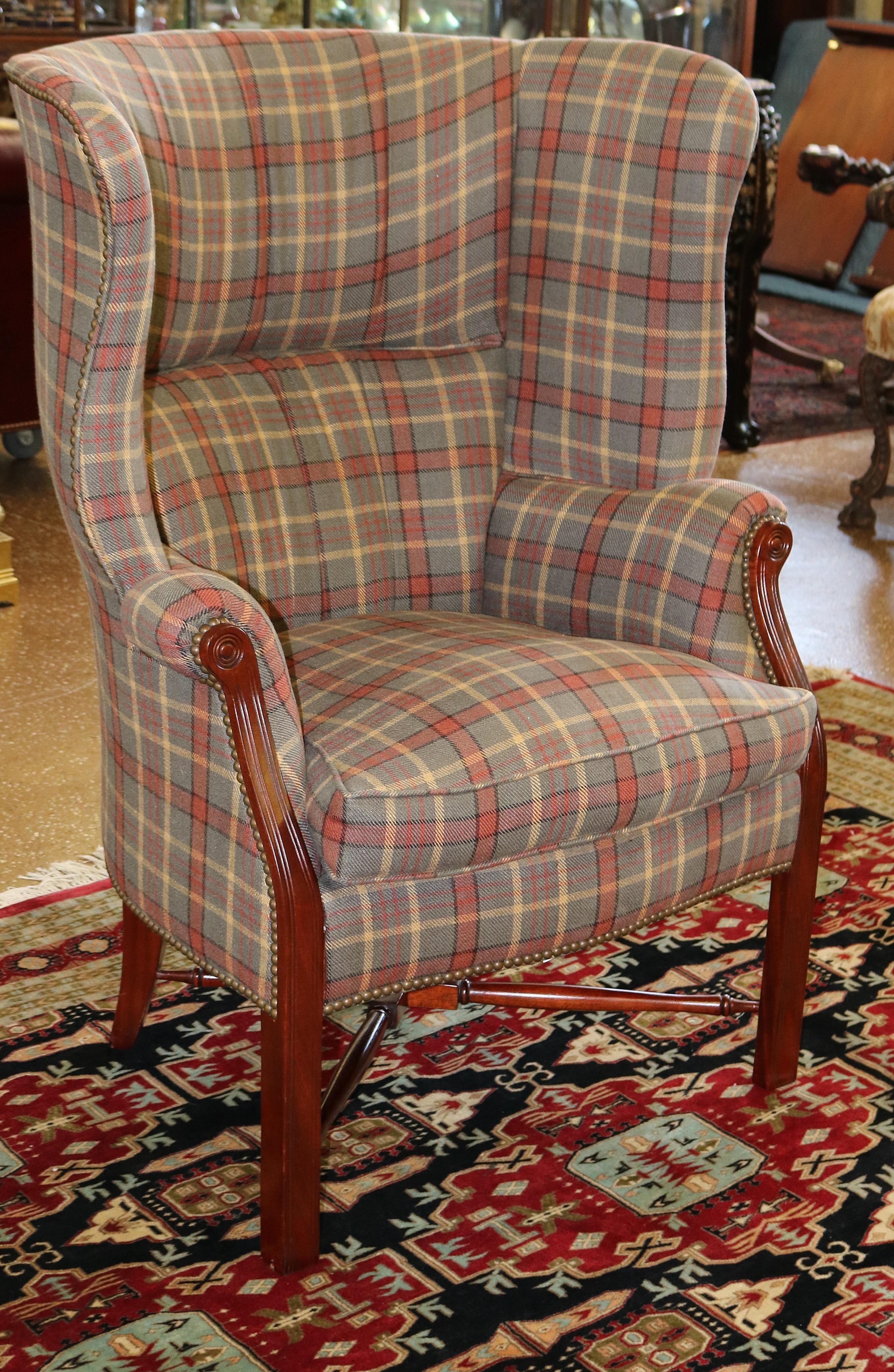 Theodore Alexander TRS Upholstery Mahogany Striped Fabric Fireside Wing Chair 4