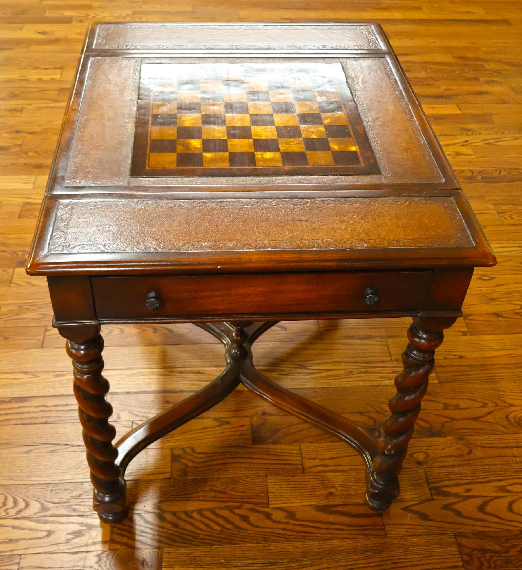 Theodore Alexander Walnut And Burled Walnut Spiral Leg Leather Top Game Table For Sale 4