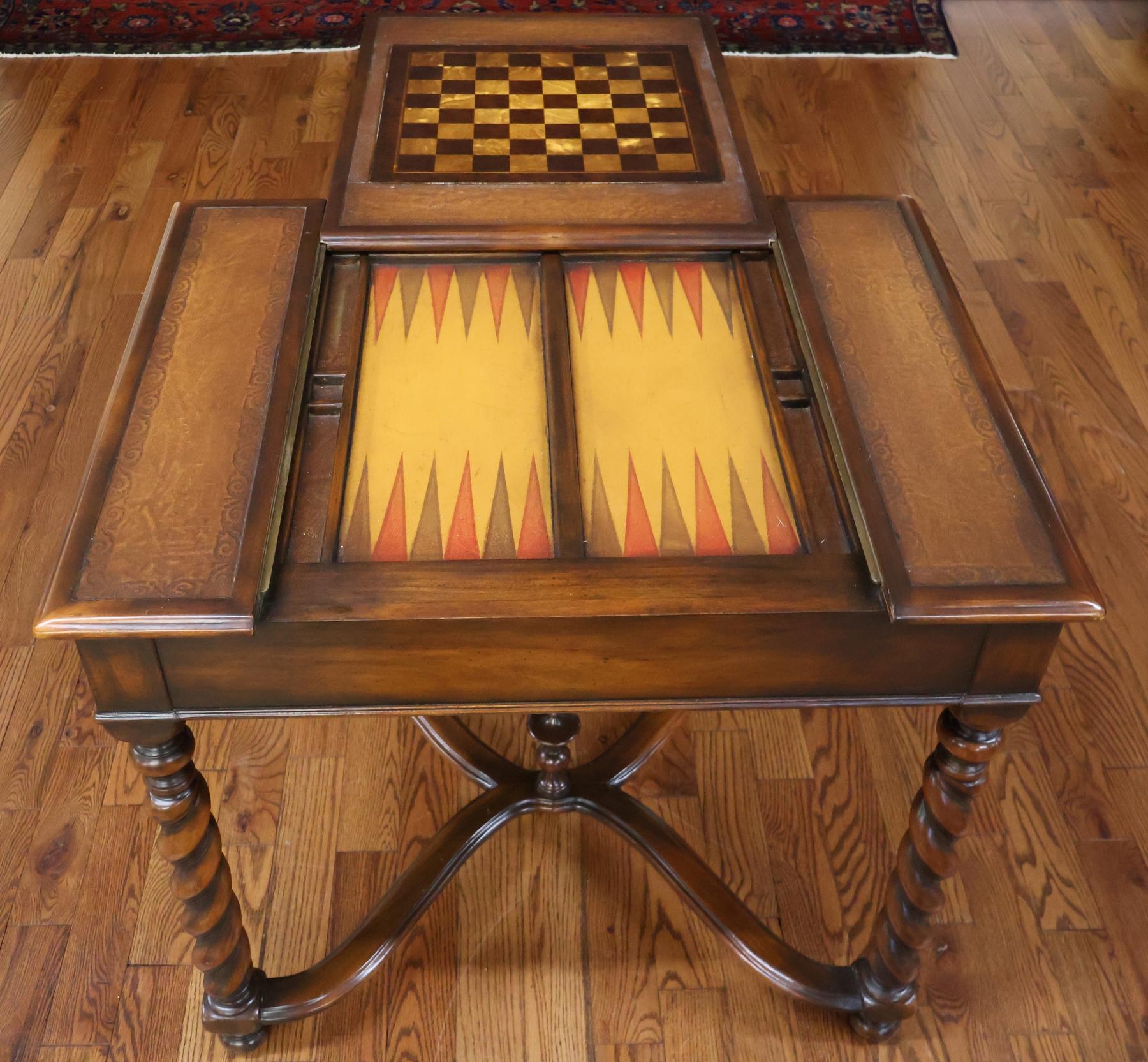 Theodore Alexander Walnut And Burled Walnut Spiral Leg Leather Top Game Table For Sale 7