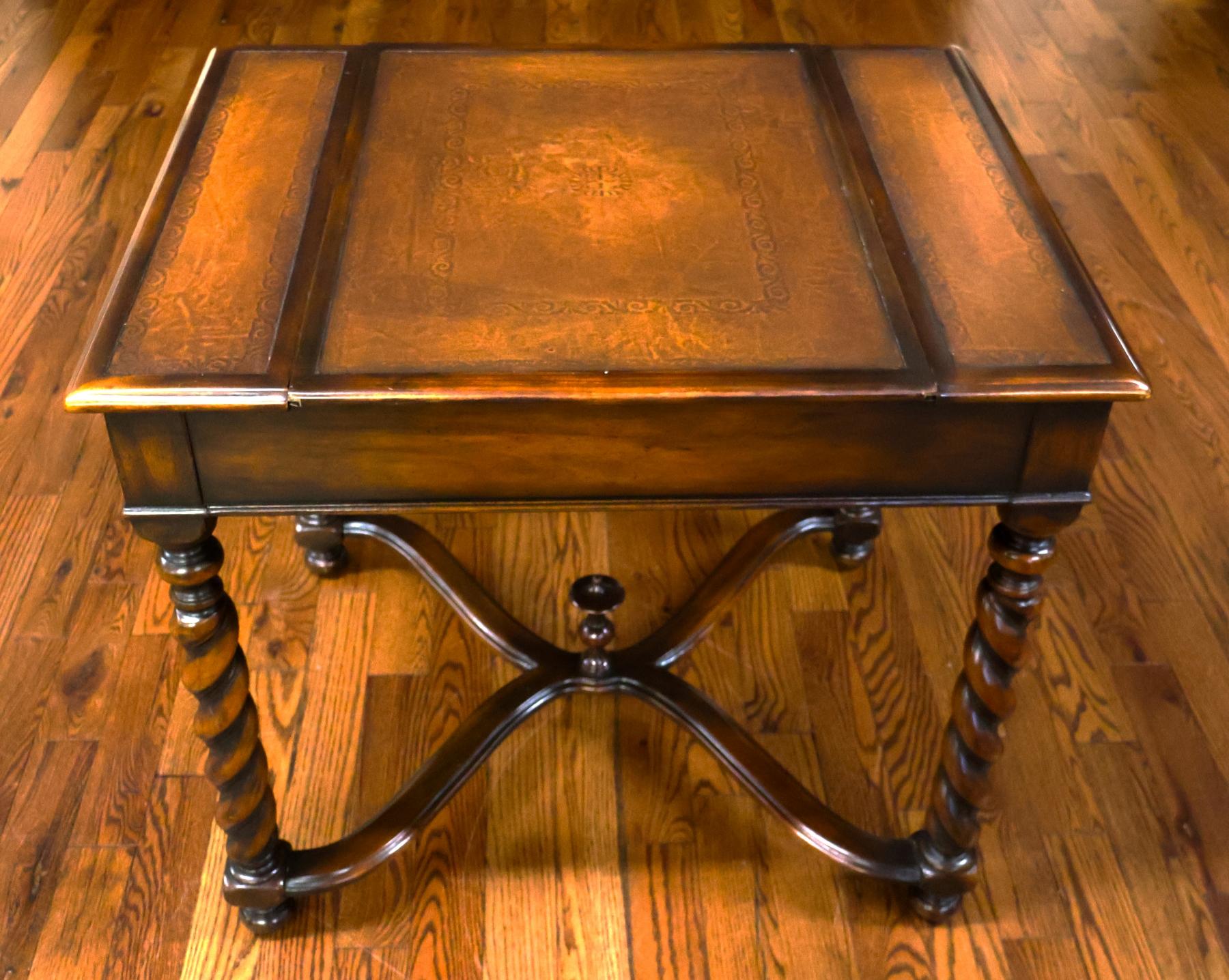 Theodore Alexander Walnut And Burled Walnut Spiral Leg Leather Top Game Table For Sale 8