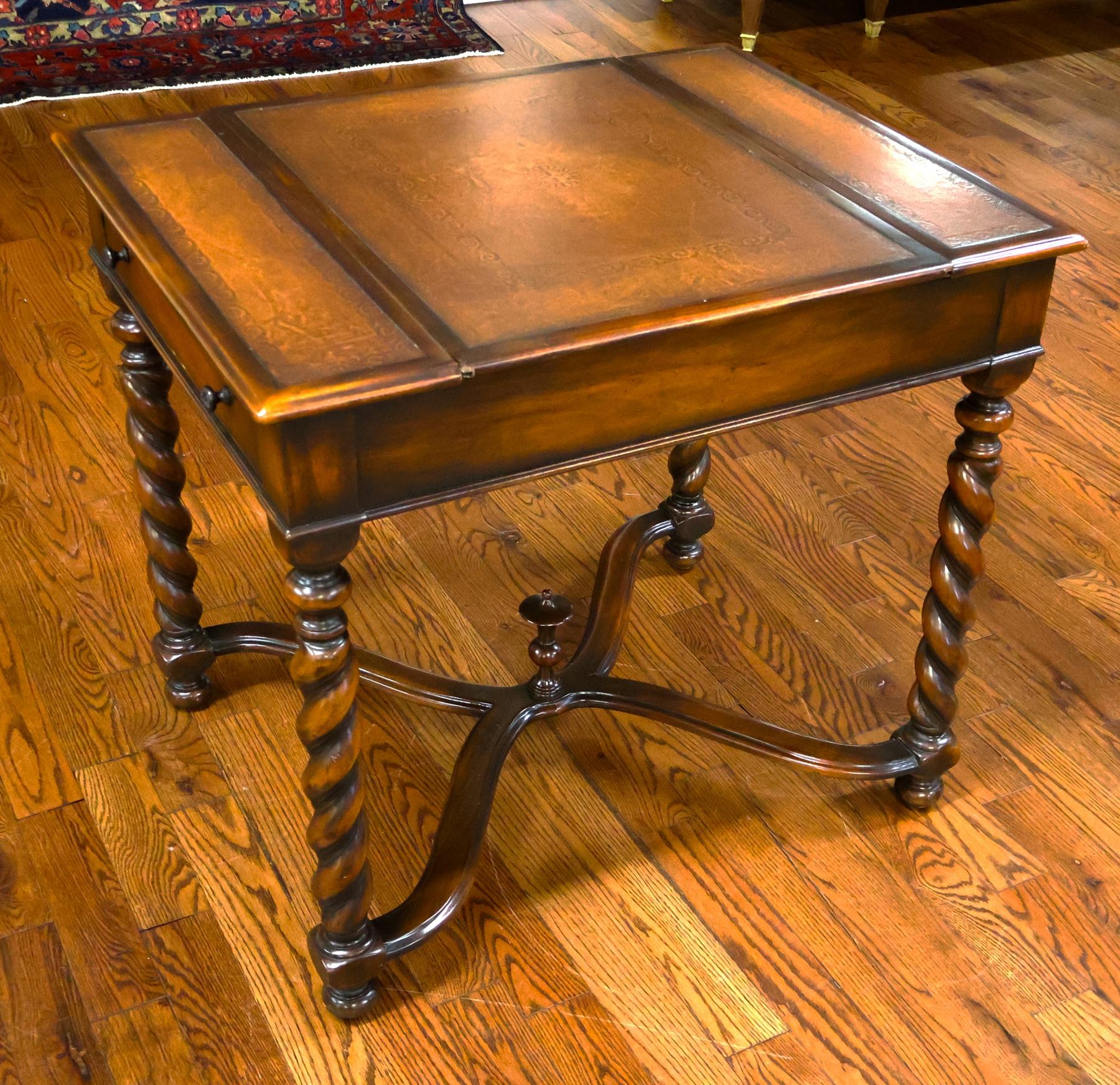 Theodore Alexander Walnut And Burled Walnut Spiral Leg Leather Top Game Table For Sale 9