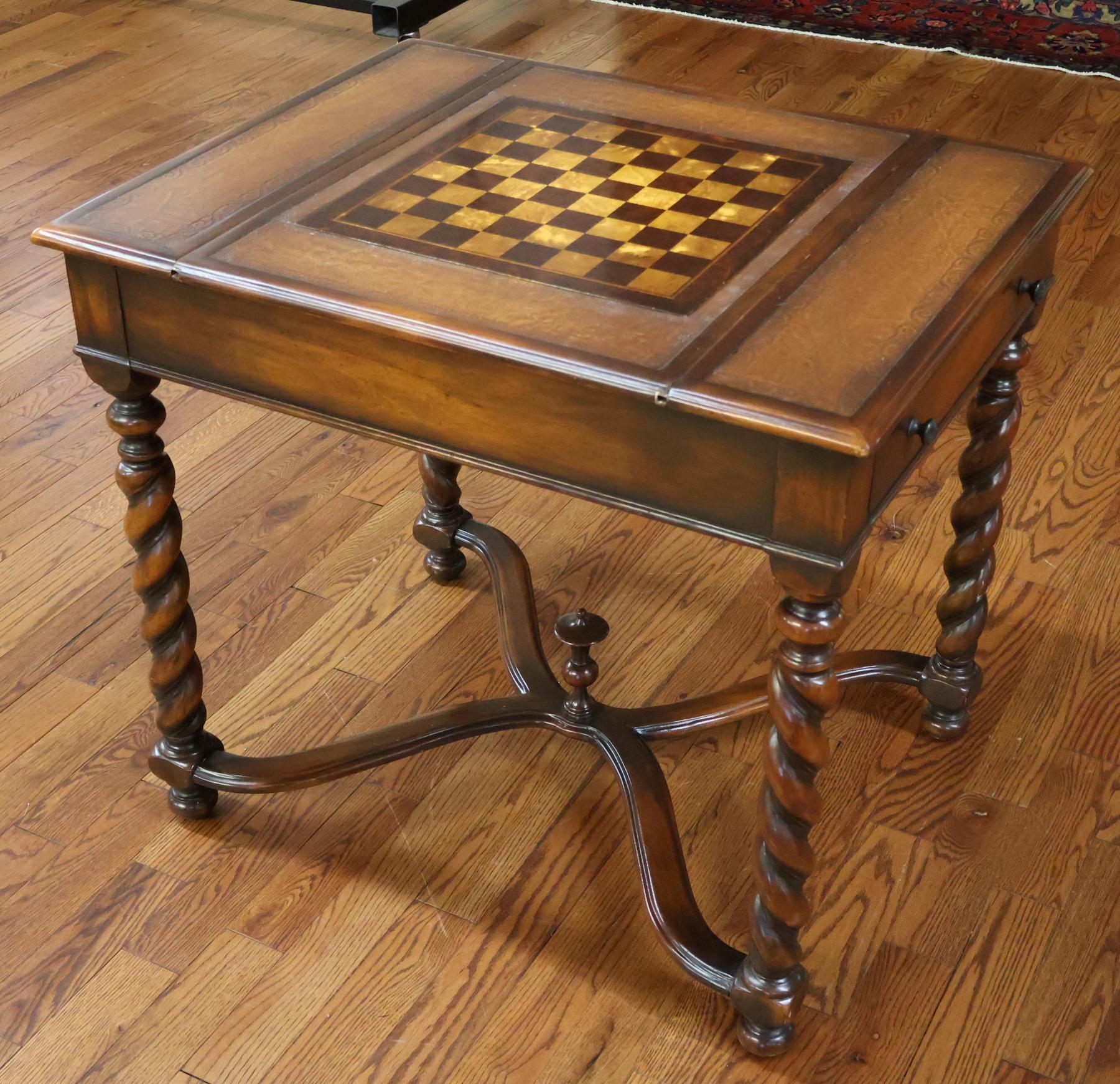 Vietnamese Theodore Alexander Walnut And Burled Walnut Spiral Leg Leather Top Game Table For Sale