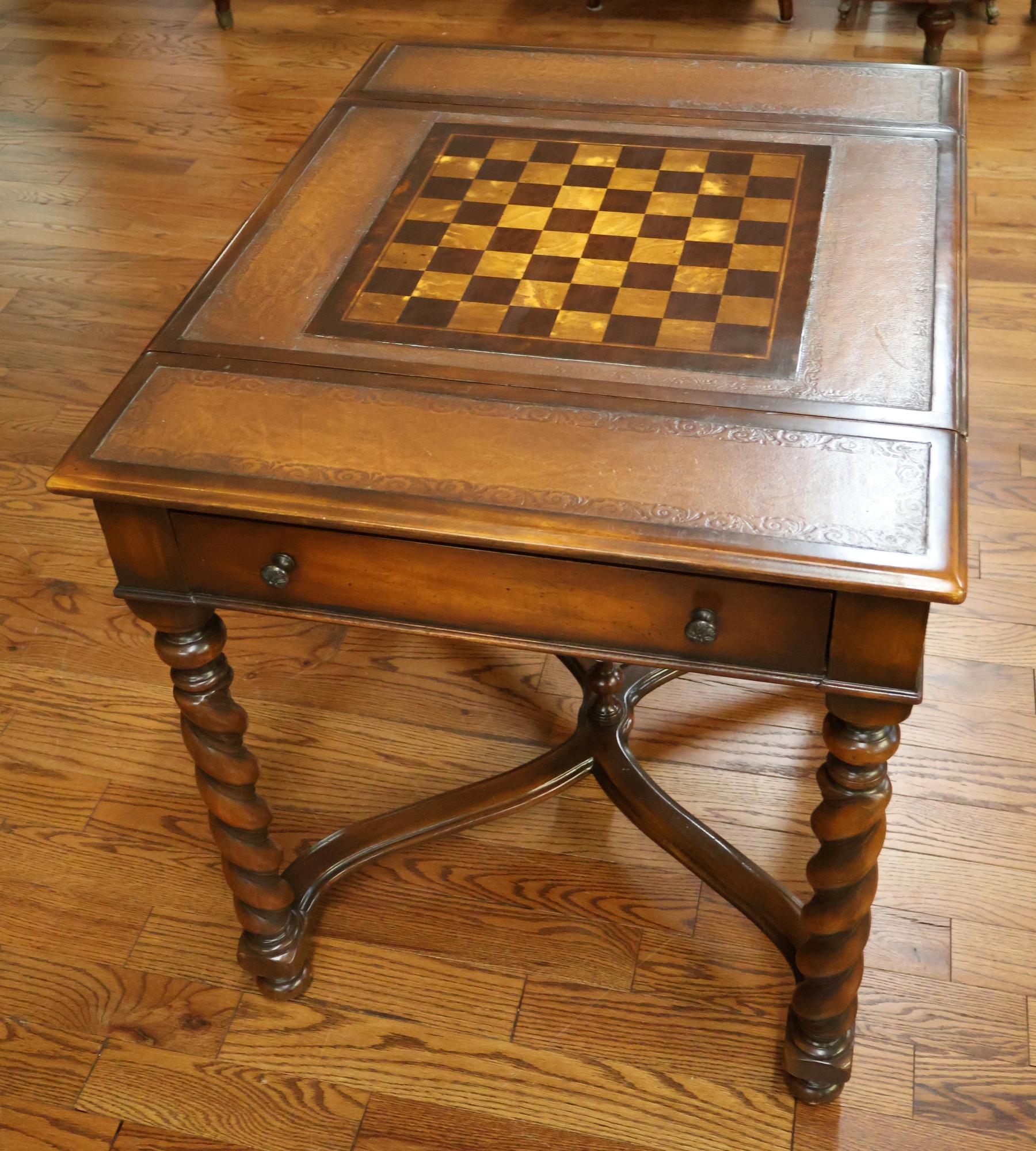 Theodore Alexander Walnut And Burled Walnut Spiral Leg Leather Top Game Table In Good Condition For Sale In Long Branch, NJ