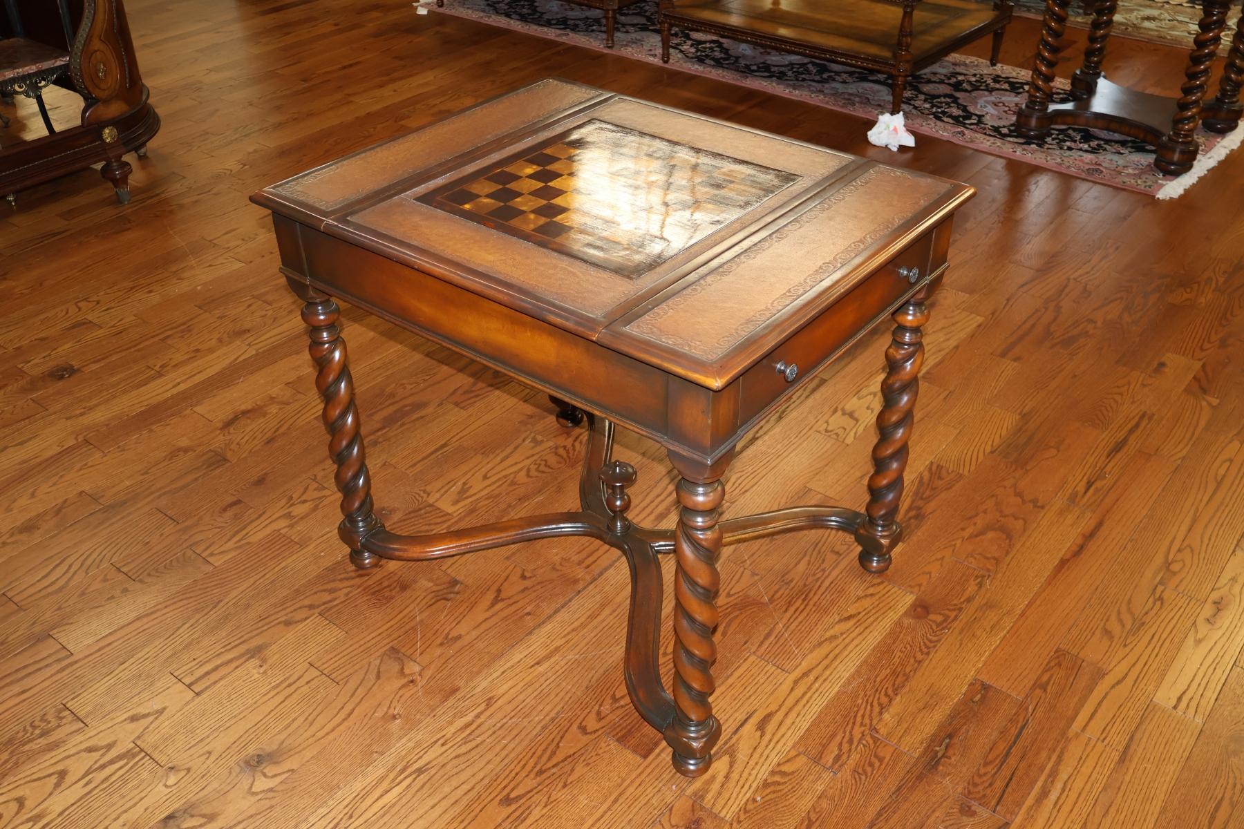 Contemporary Theodore Alexander Walnut And Burled Walnut Spiral Leg Leather Top Game Table For Sale