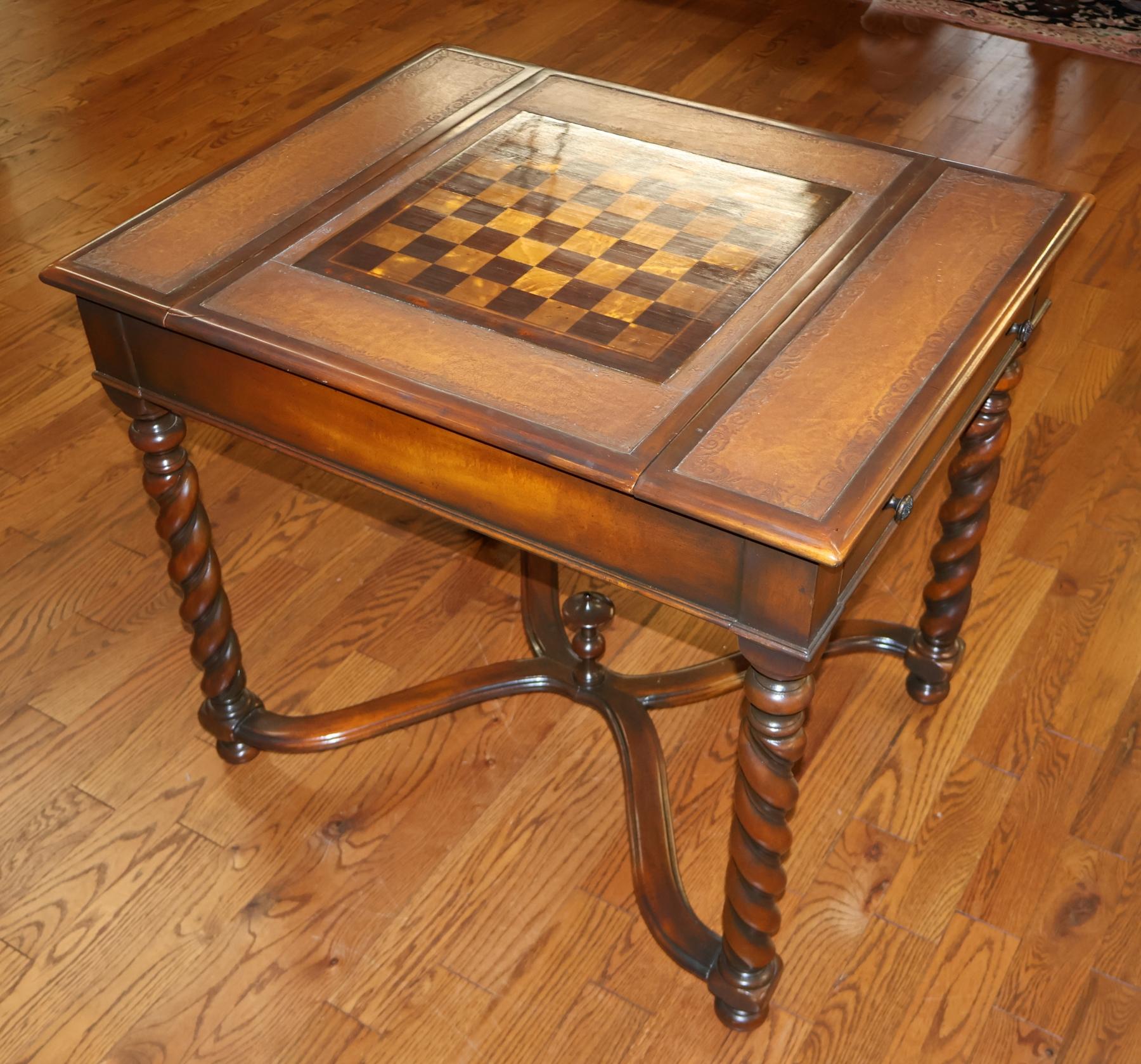 Theodore Alexander Walnut And Burled Walnut Spiral Leg Leather Top Game Table For Sale 1