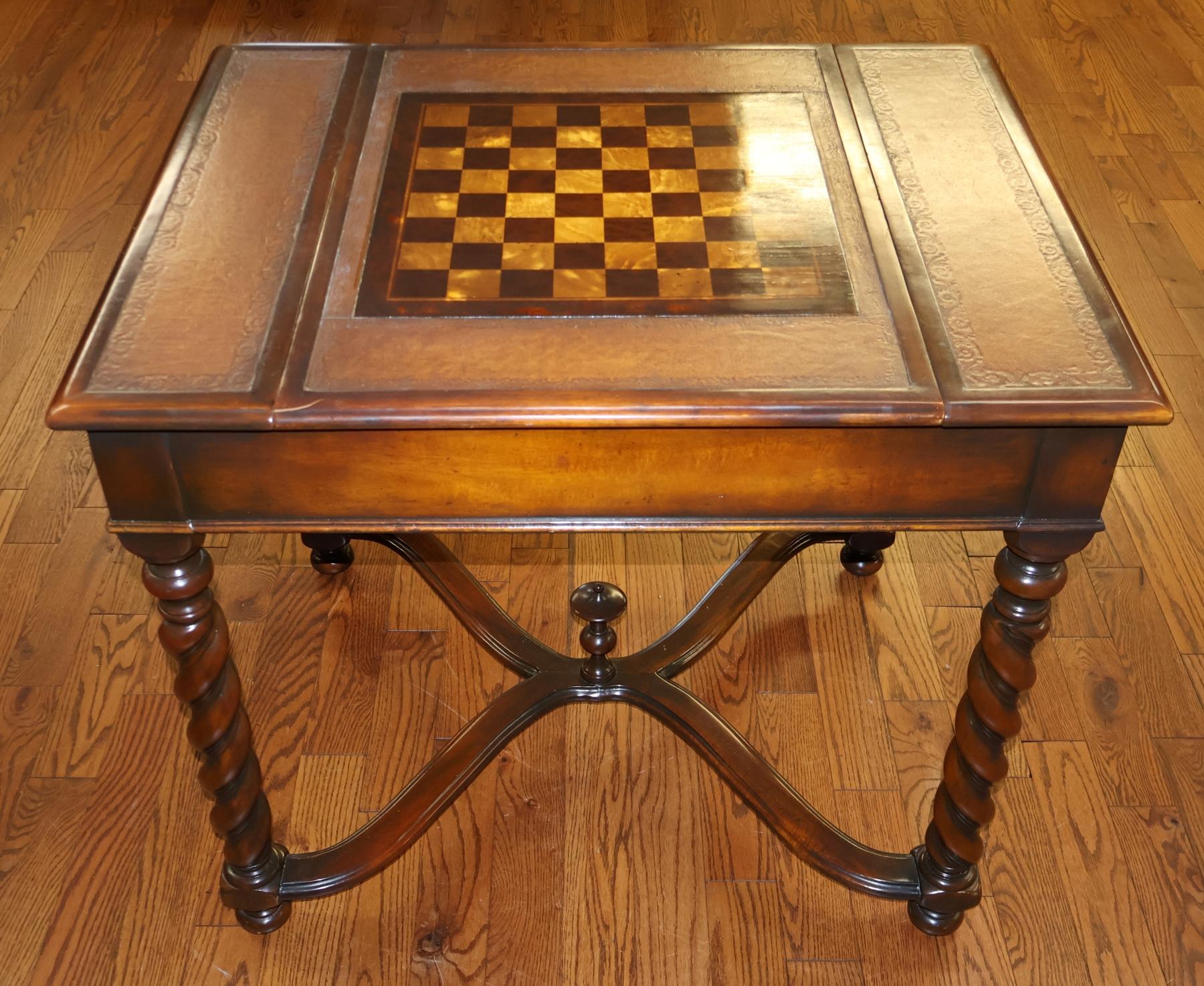 Theodore Alexander Walnut And Burled Walnut Spiral Leg Leather Top Game Table For Sale 2