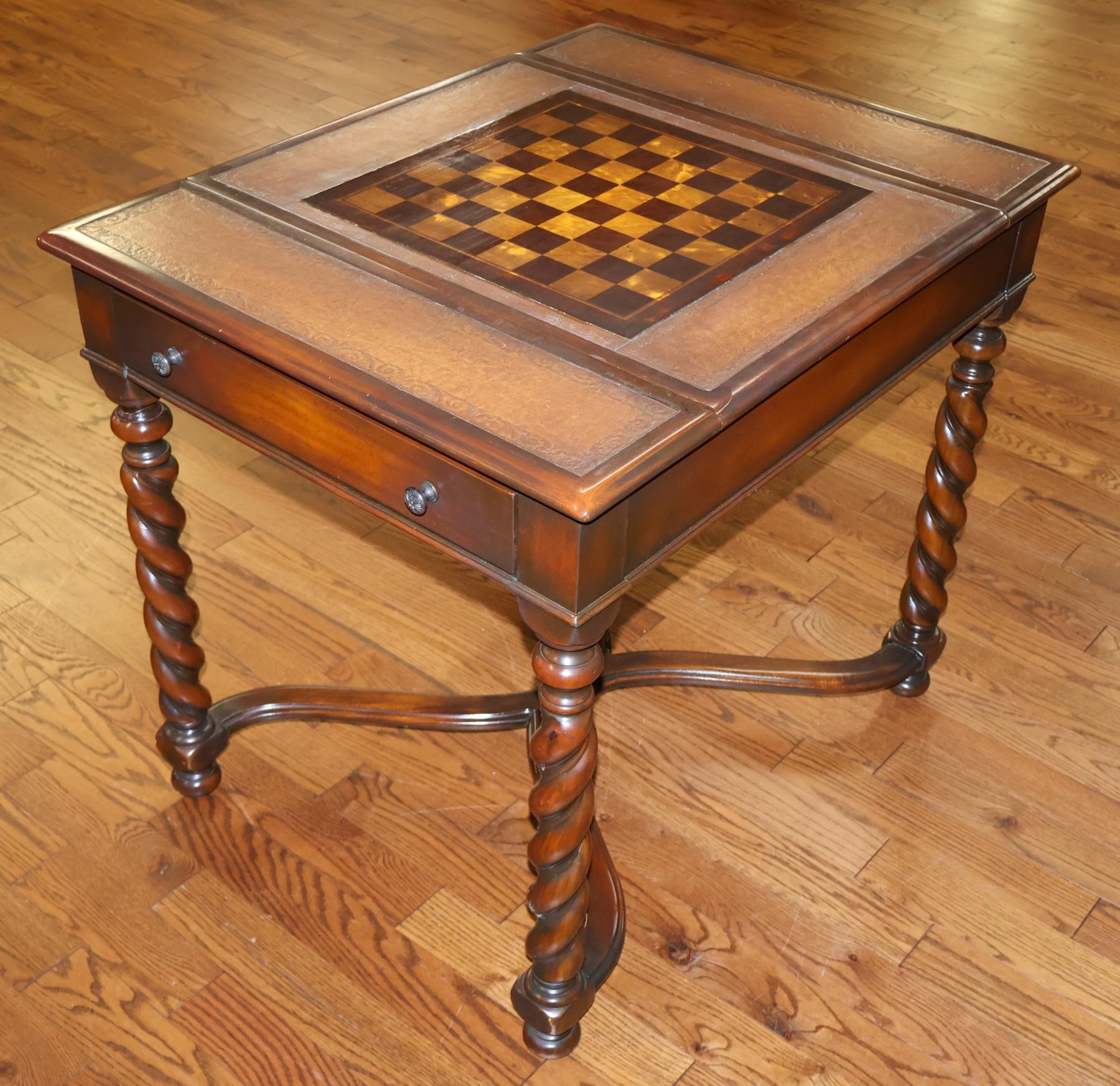 Theodore Alexander Walnut And Burled Walnut Spiral Leg Leather Top Game Table For Sale 3