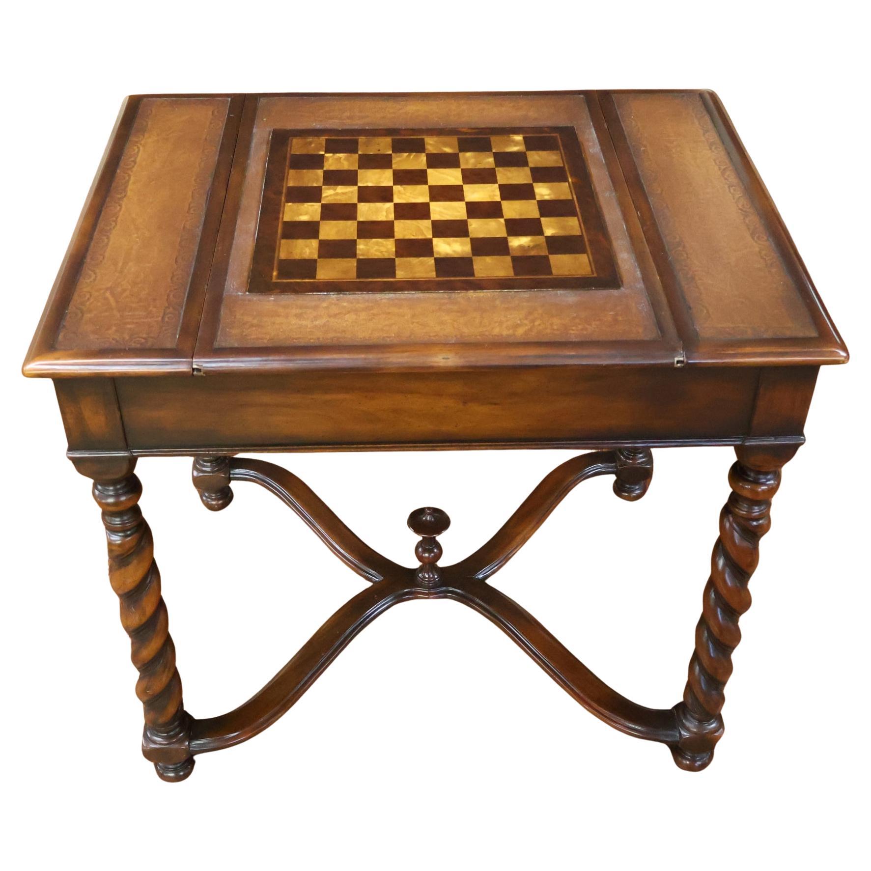 Theodore Alexander Walnut And Burled Walnut Spiral Leg Leather Top Game Table For Sale