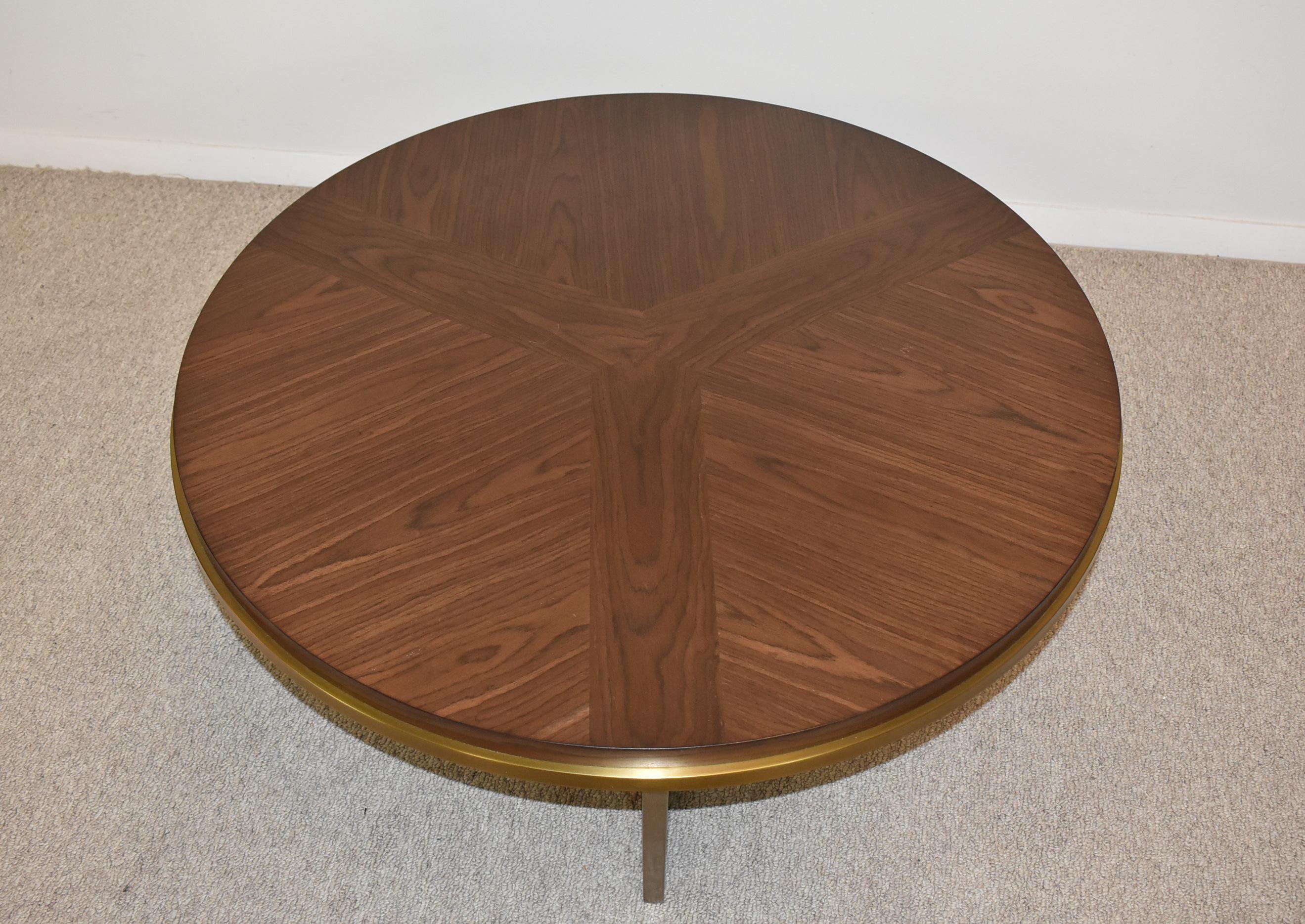 Theodore Alexander inlay walnut and satin brass modern coffee table. Top is 1
