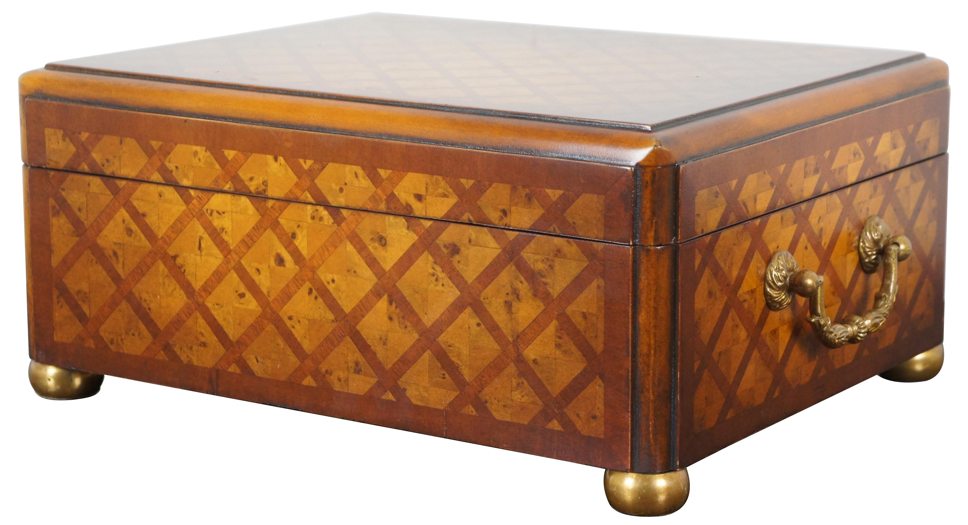 Elegant lidded trinket box casket by Theodore Alexander handcrafted with a parquetry or marquetry design, footed bun feet and brass handles. Made of walnut with olive burl matchbook inlay.
  