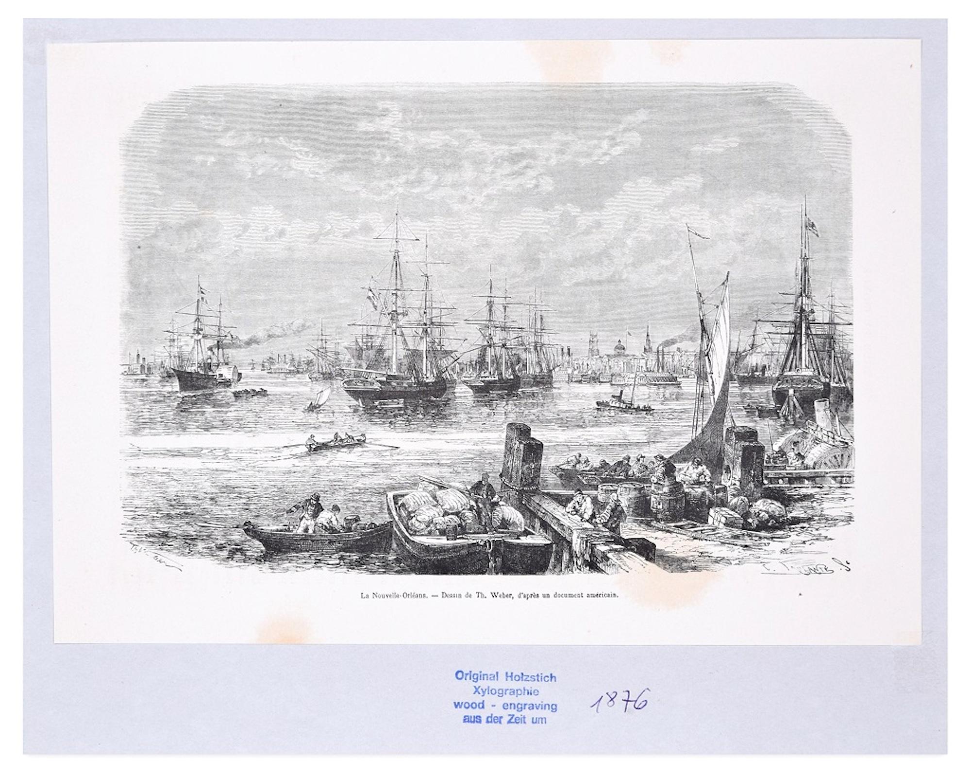 La Nouvelle Orléans - Gravure sur bois originale d'après T.A. Weber - 1876 - Print de Theodore Alexander Weber