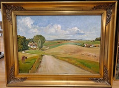 Antique Theodore B Dahl (1886-1971) Beautiful Country Landscape W/ Figures Oil on Canvas