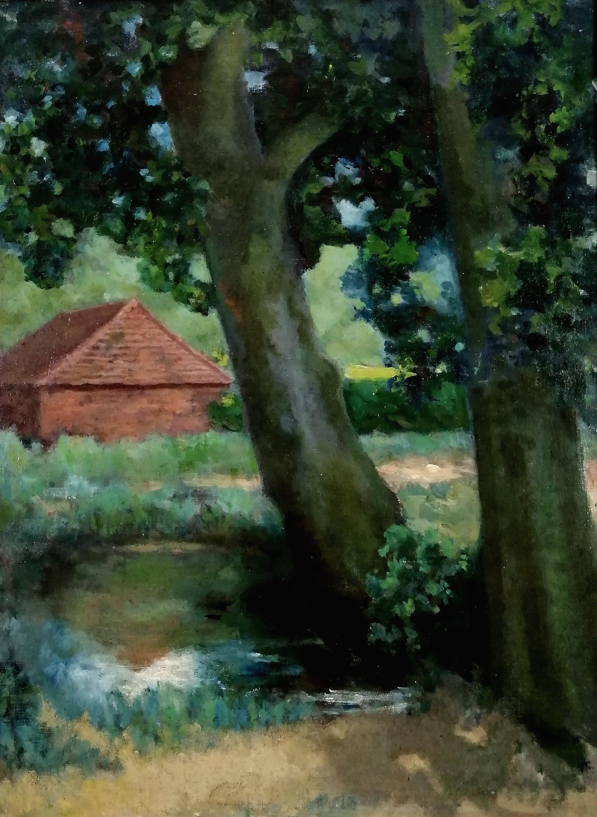 Wooded Landscape - Großes antikes Gemälde des britischen Impressionismus, Öl auf Leinwand – Painting von Theodore Casimir Roussel