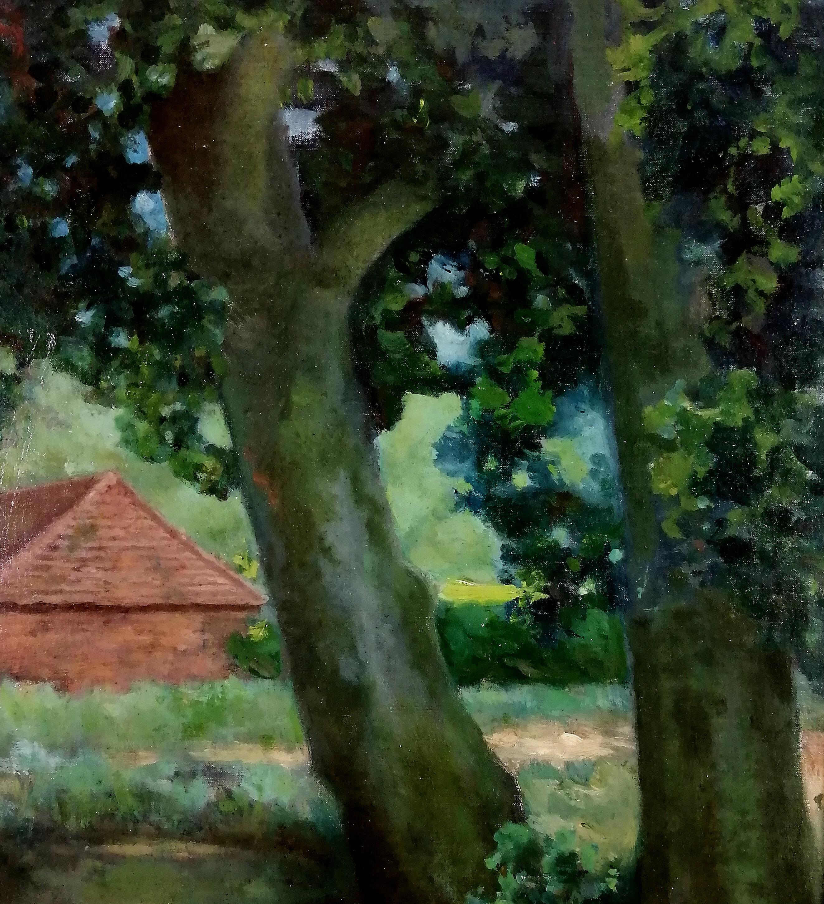 Wooded Landscape - Großes antikes Gemälde des britischen Impressionismus, Öl auf Leinwand (Schwarz), Landscape Painting, von Theodore Casimir Roussel