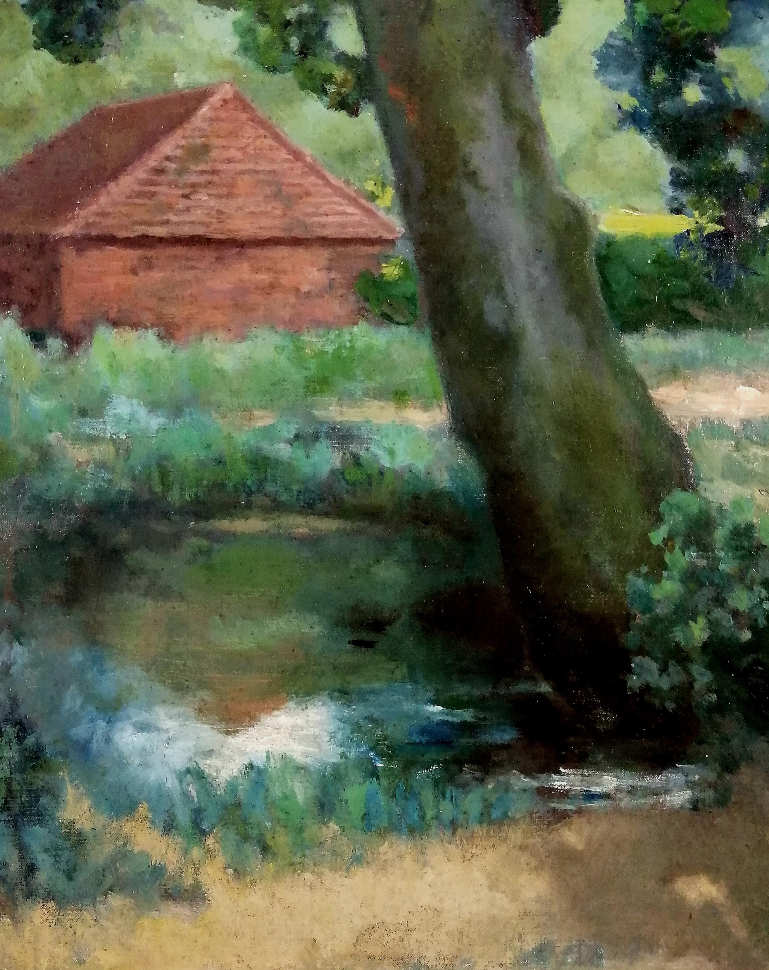 Ein schönes großes impressionistisches Öl auf Leinwand aus dem späten 19. oder frühen 20. Jahrhundert, das eine Waldlandschaft mit Teich und Nebengebäuden darstellt, von Theodore Casimir Roussel.

Roussel gehörte neben Sickert, Maitland und Wilson