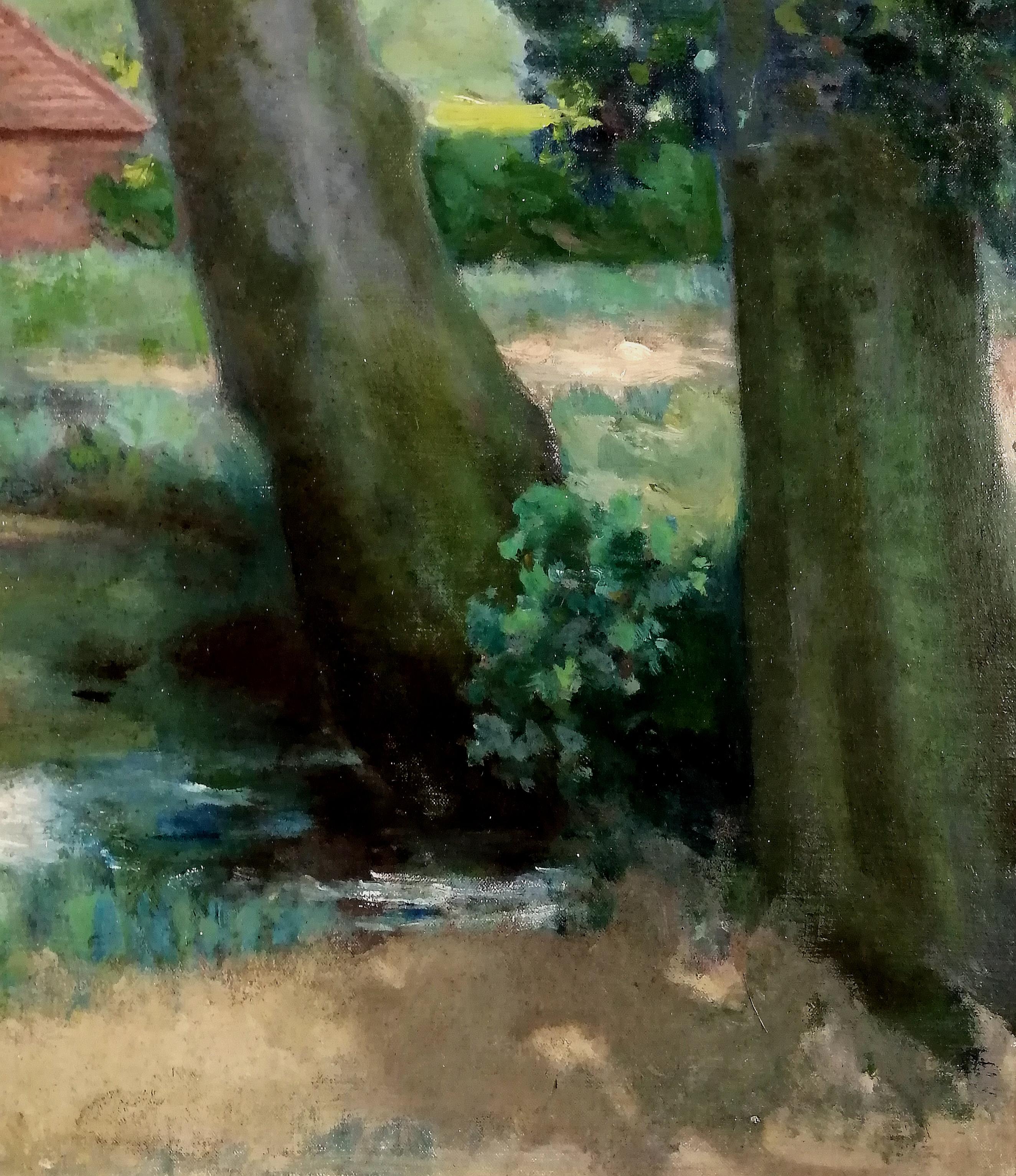 Wooded Landscape - Großes antikes Gemälde des britischen Impressionismus, Öl auf Leinwand im Angebot 1