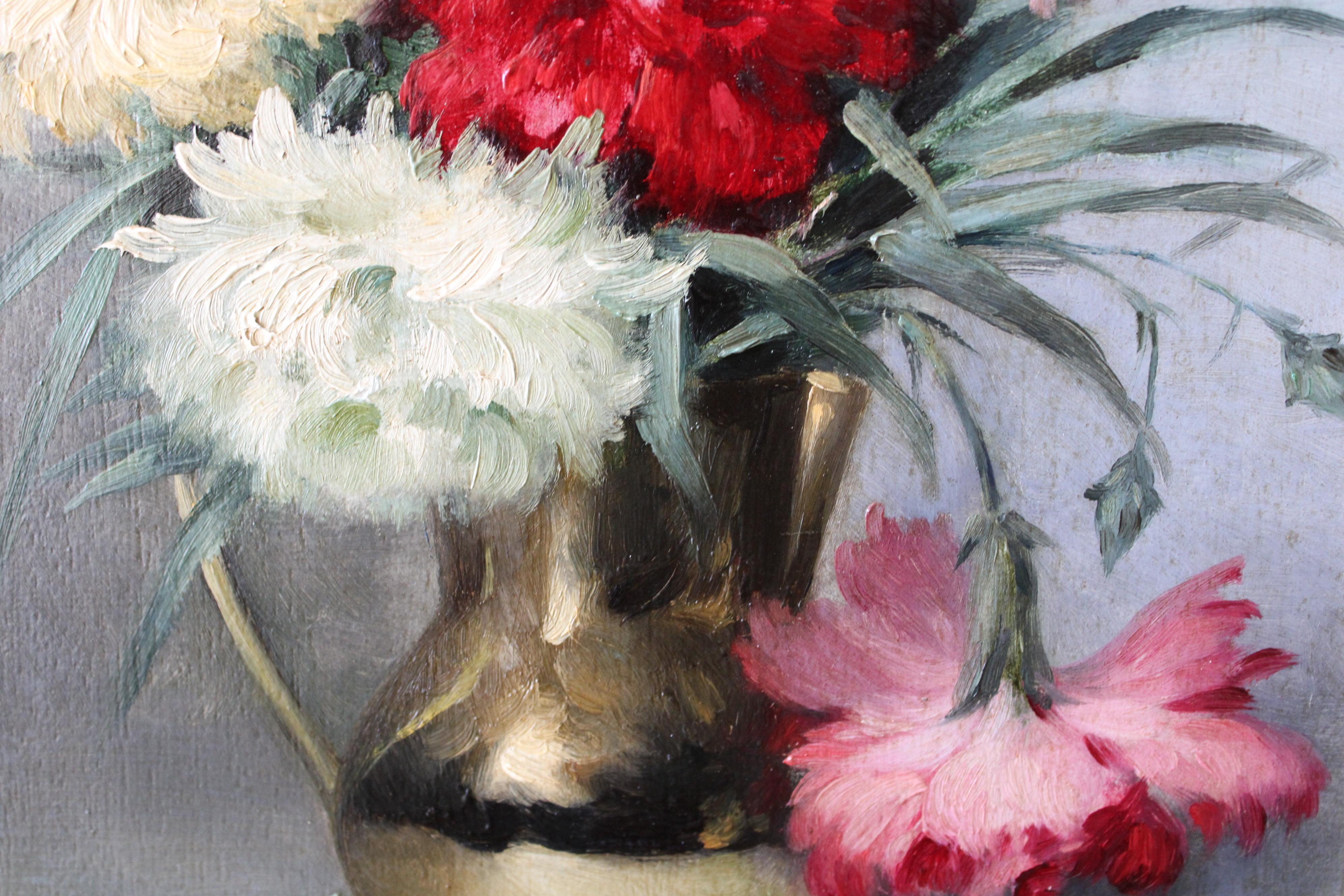 Nature morte florale ancienne peinture à l'huile Oeillets dans un vase 19ème siècle floral en vente 5