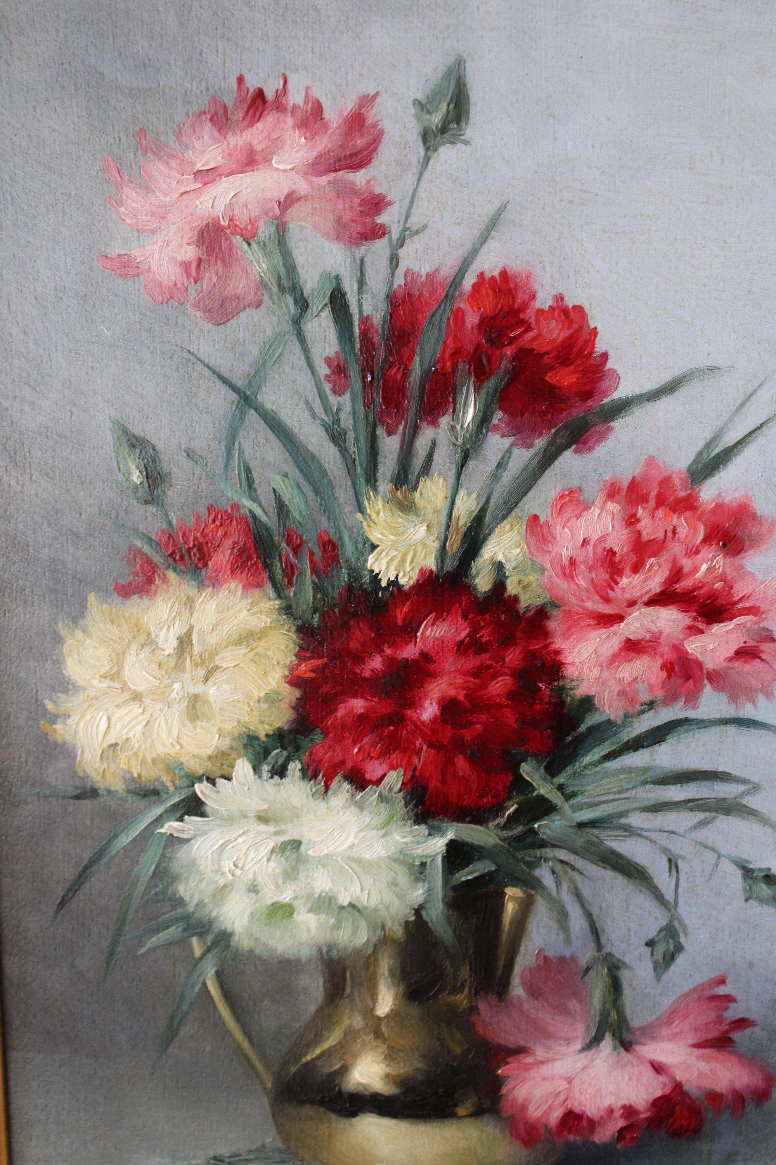 Nature morte florale ancienne peinture à l'huile Oeillets dans un vase 19ème siècle floral - Painting de Theodore Charles Ange Coquelin