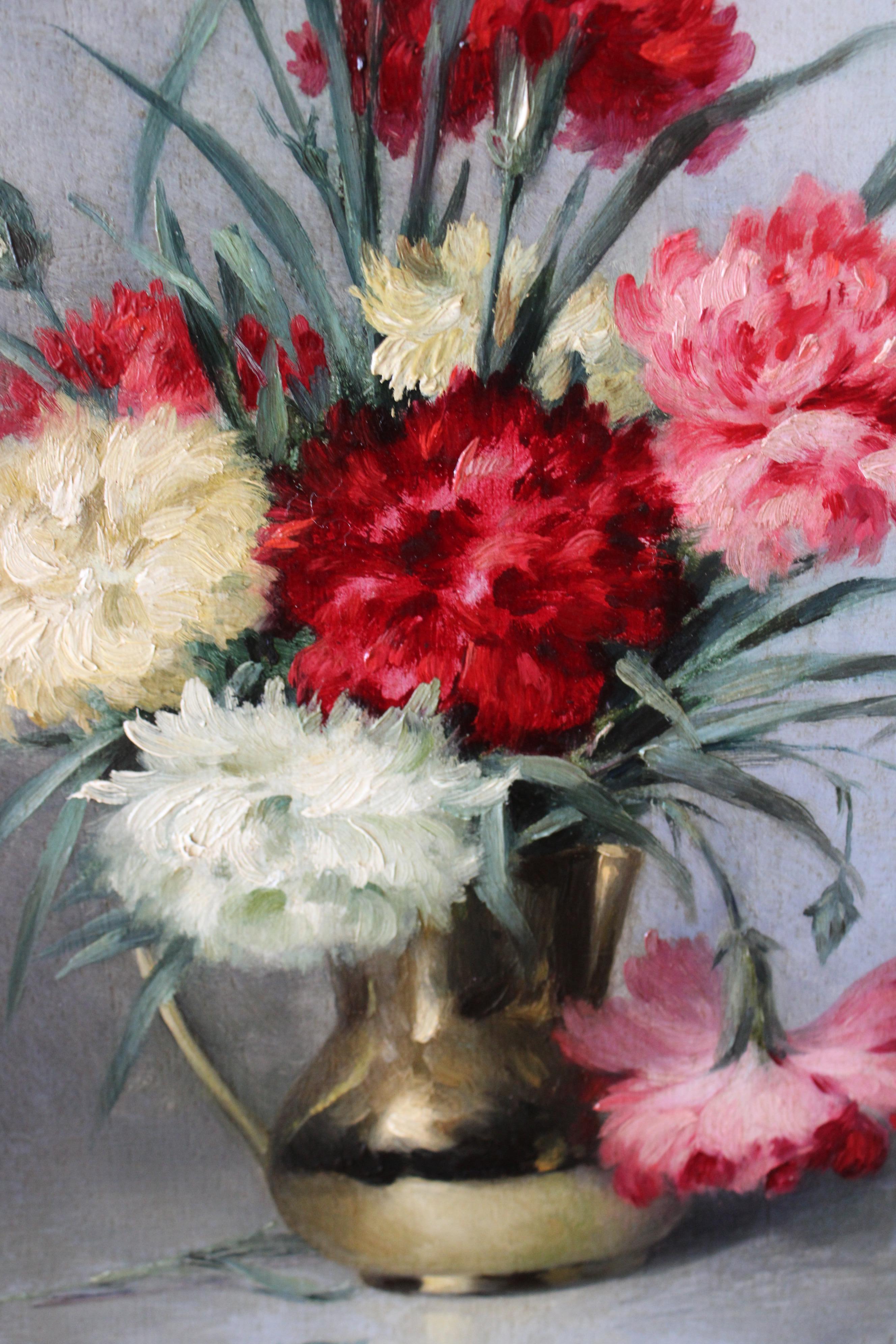Nature morte florale ancienne peinture à l'huile Oeillets dans un vase 19ème siècle floral - École française Painting par Theodore Charles Ange Coquelin