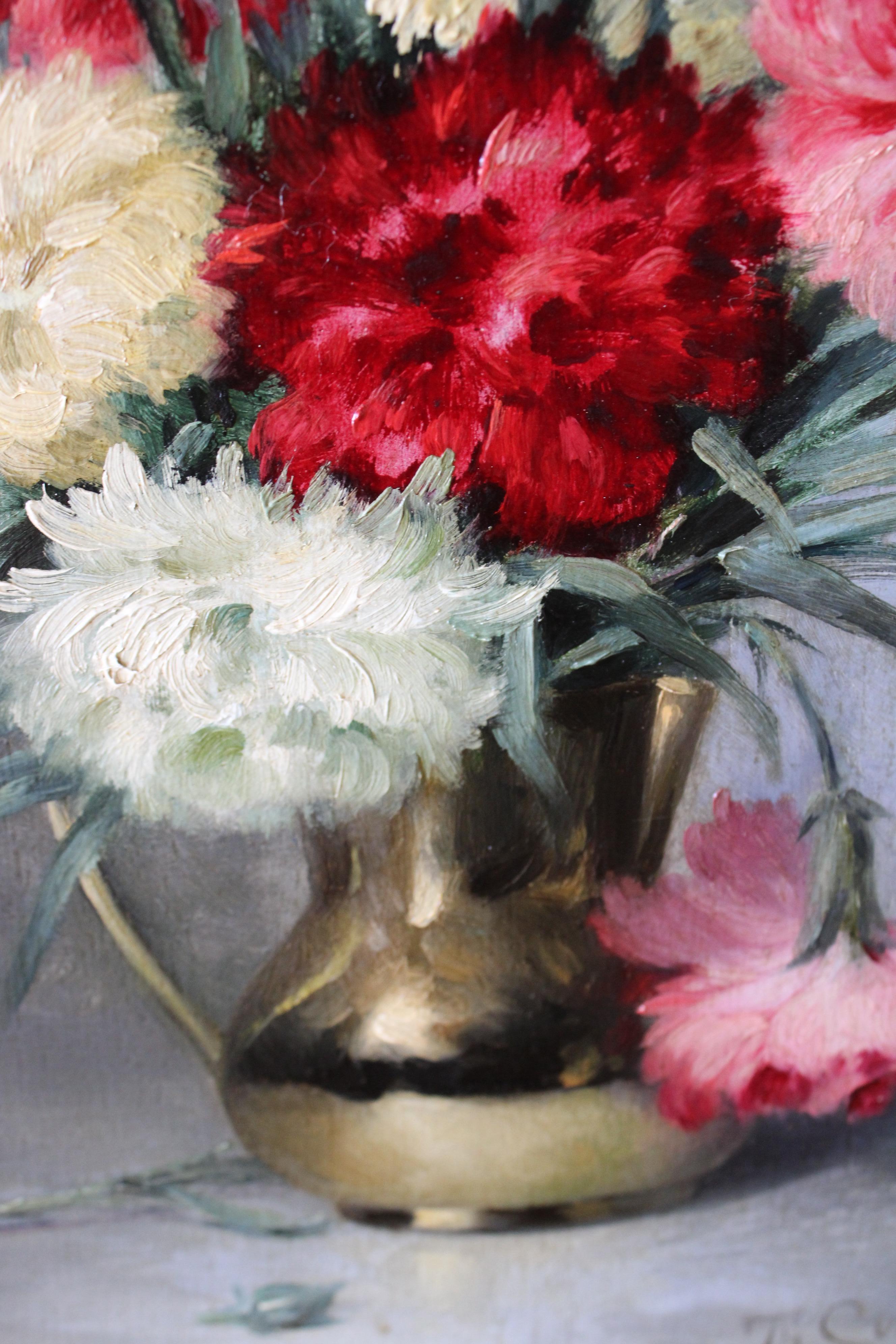 Nature morte florale ancienne peinture à l'huile Oeillets dans un vase 19ème siècle floral - Marron Still-Life Painting par Theodore Charles Ange Coquelin