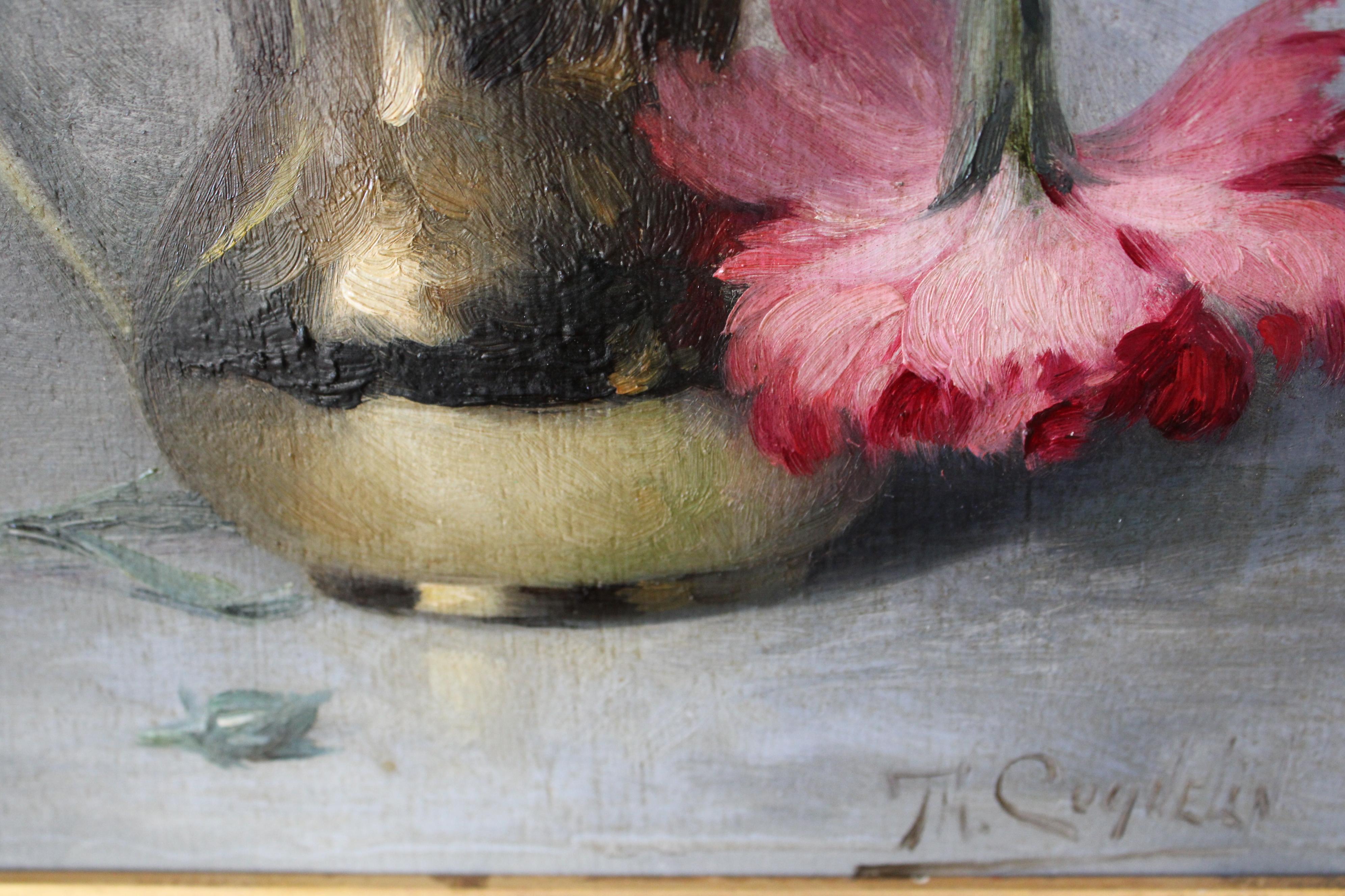 Peinture à l'huile ancienne sur panneau de bois représentant des œillets dans un vase en bronze par l'artiste français de renom Théodore Charles Ange Coquelin.  Les détails fins sont à l'ordre du jour, sur une planche de bois lisse, avec une