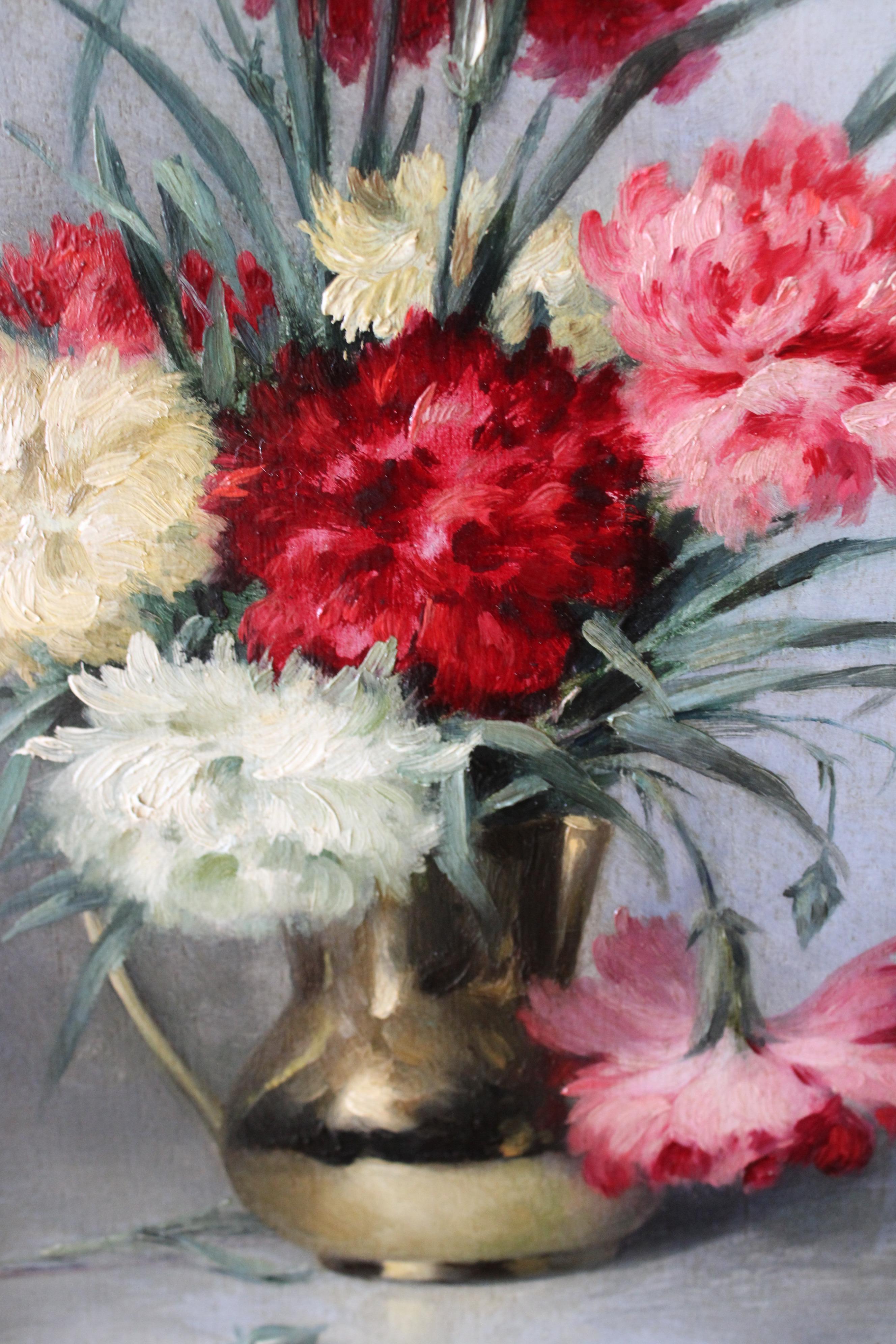 Nature morte florale ancienne peinture à l'huile Oeillets dans un vase 19ème siècle floral en vente 1