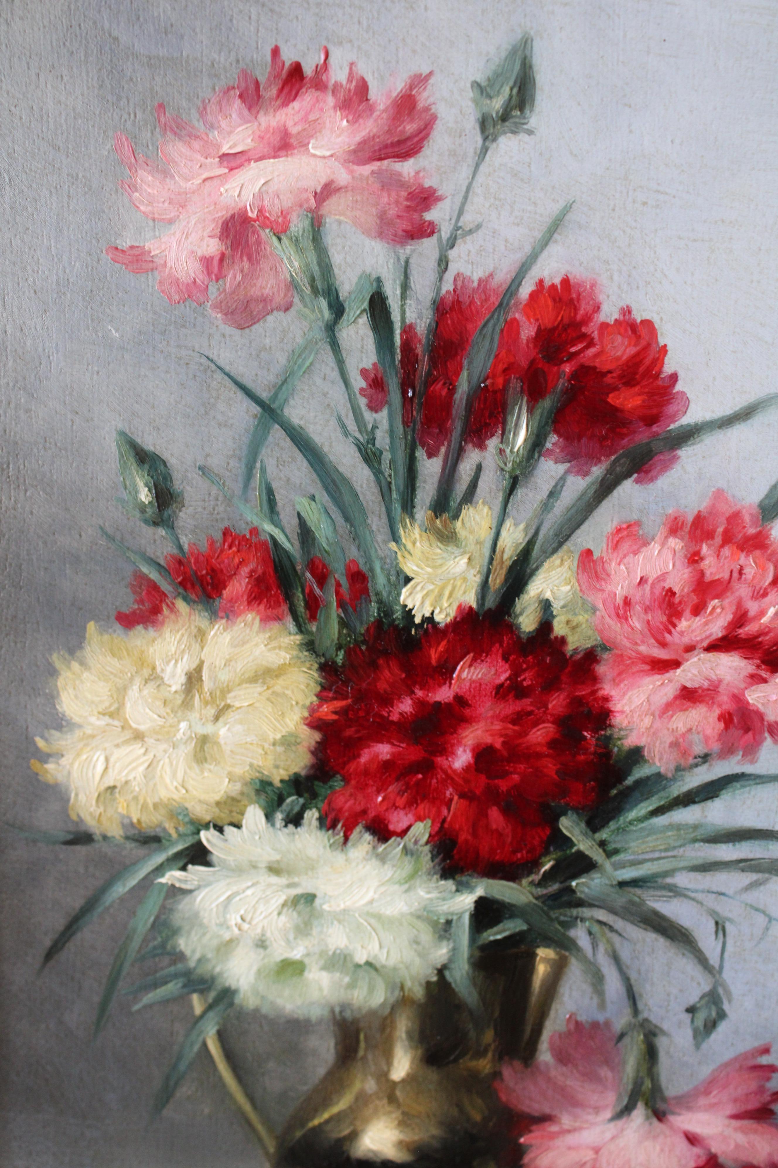 Nature morte florale ancienne peinture à l'huile Oeillets dans un vase 19ème siècle floral en vente 2