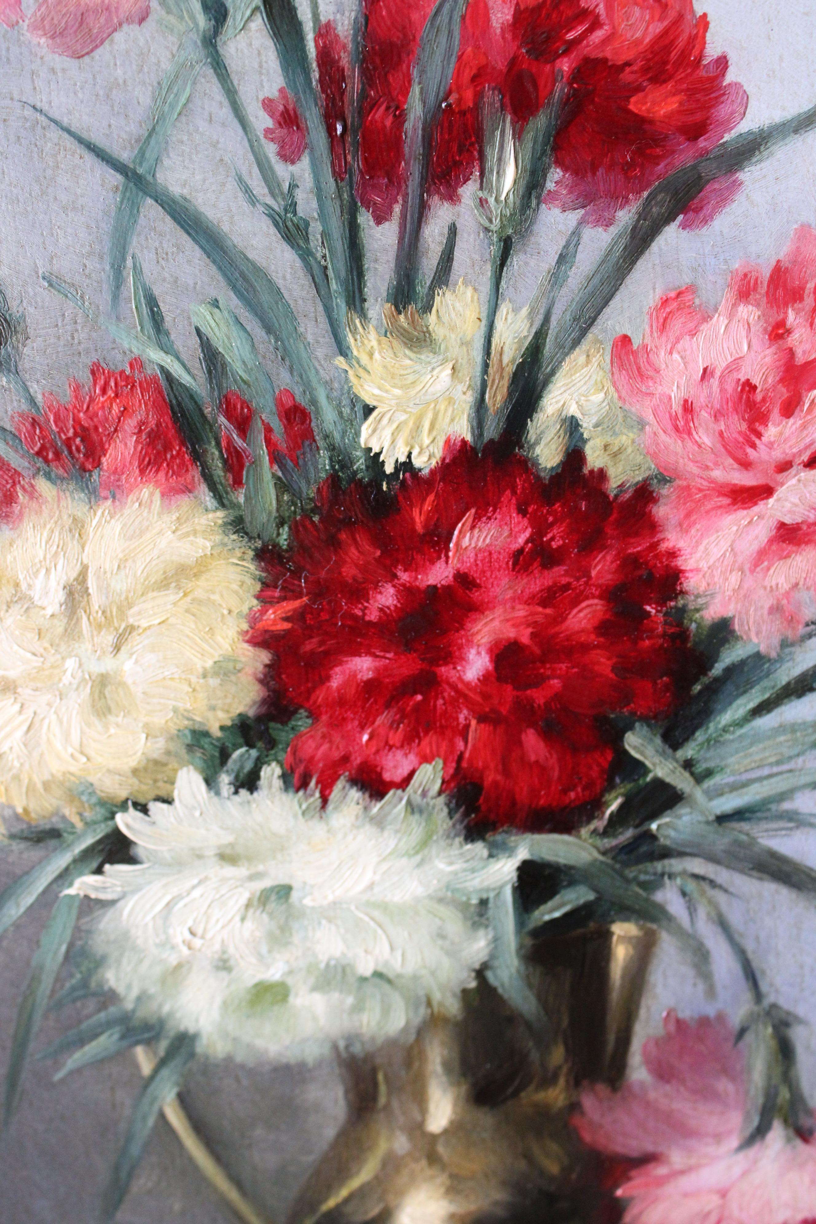 Nature morte florale ancienne peinture à l'huile Oeillets dans un vase 19ème siècle floral en vente 3