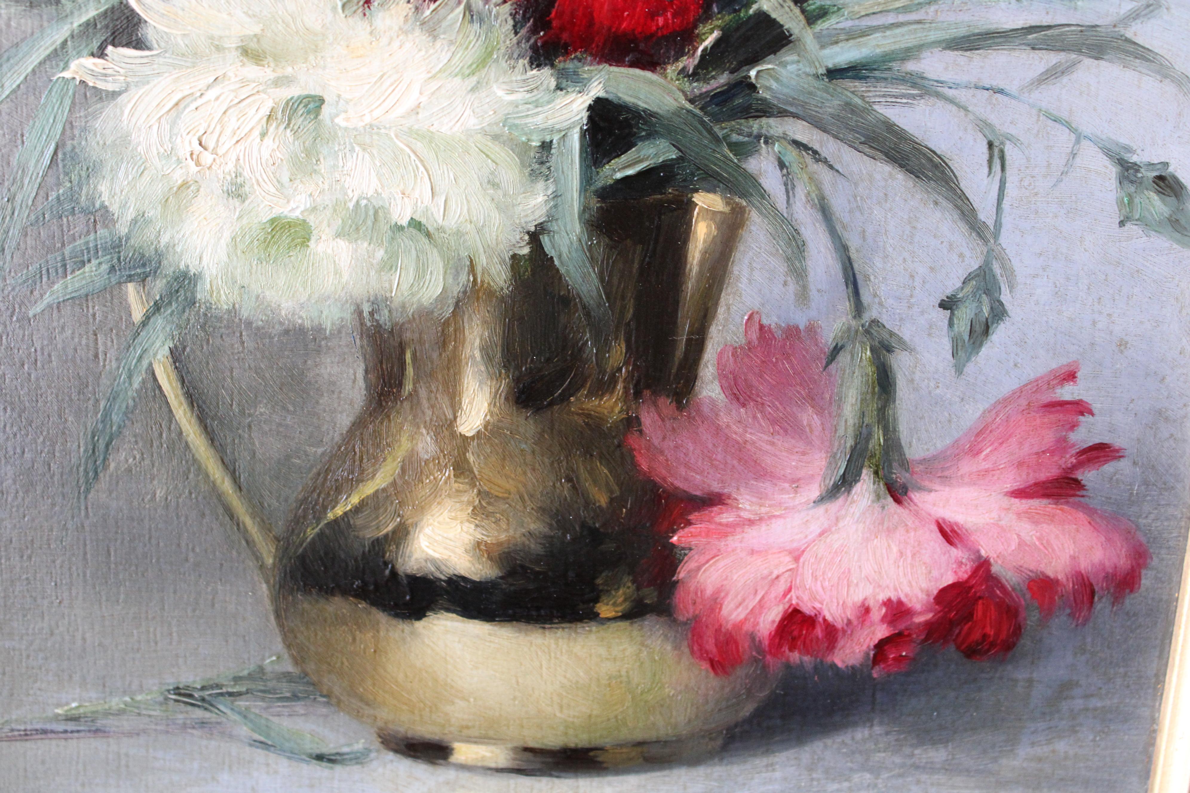 Nature morte florale ancienne peinture à l'huile Oeillets dans un vase 19ème siècle floral en vente 4