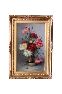Antique Floral Still Life Oil Painting carnations in a vase 19th Century floral