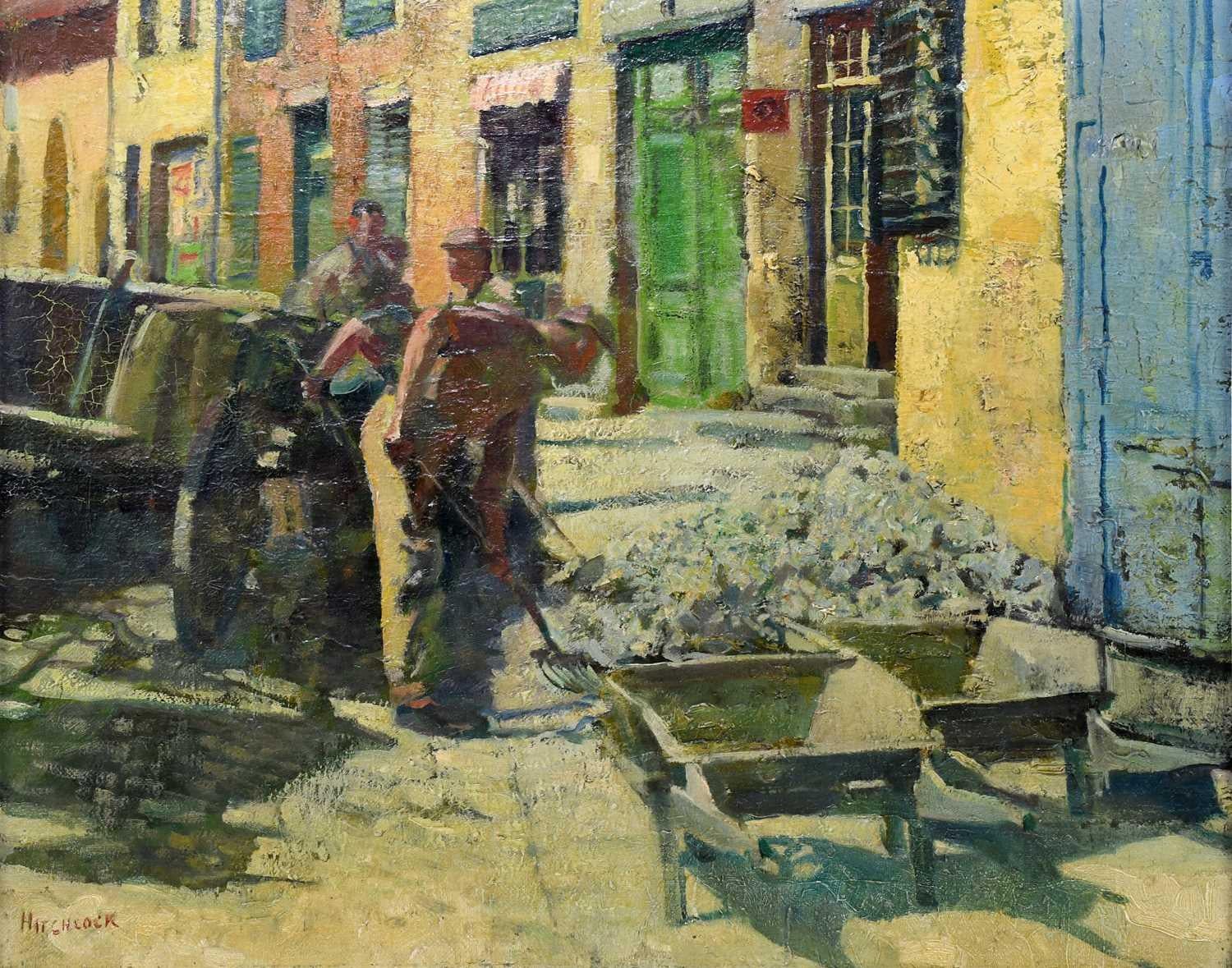 Mid-Century, Men working on a roadway in France in the Summer - Painting by THEODORE CHARLES BASIL HITCHCOCK