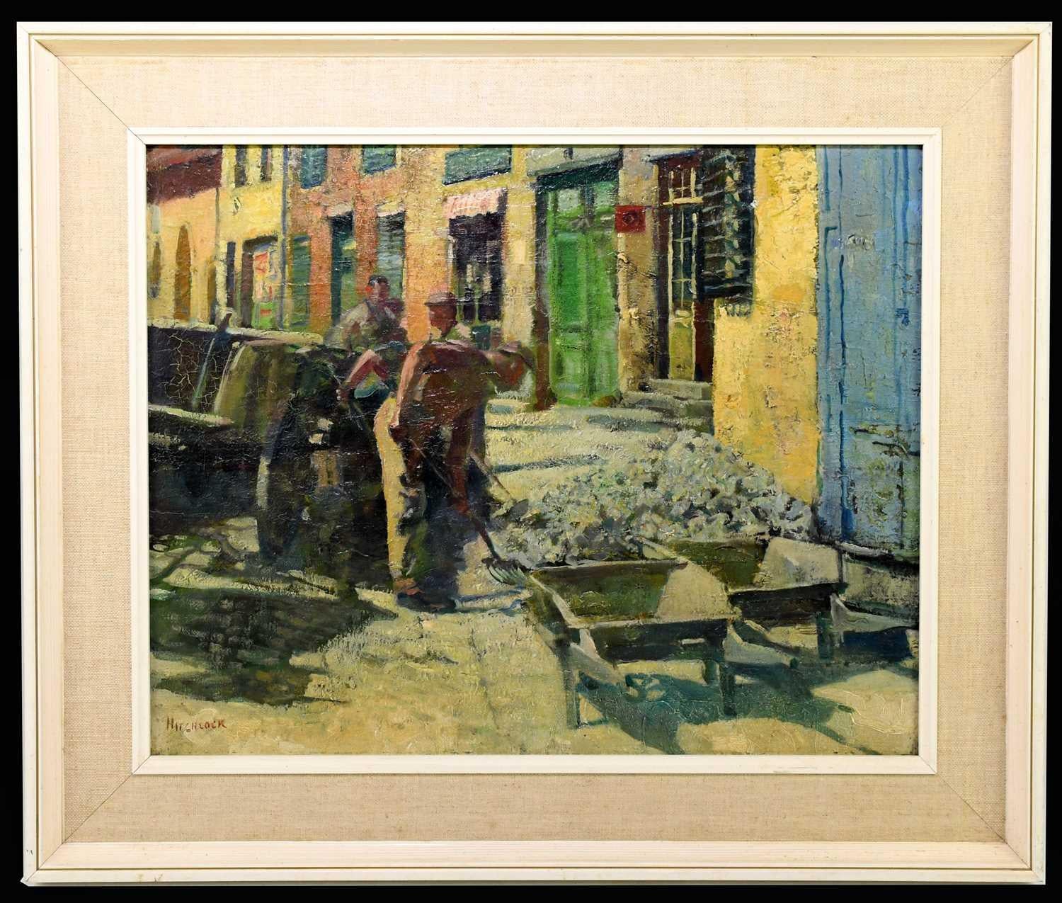 THEODORE CHARLES BASIL HITCHCOCK Landscape Painting - Mid-Century, Men working on a roadway in France in the Summer