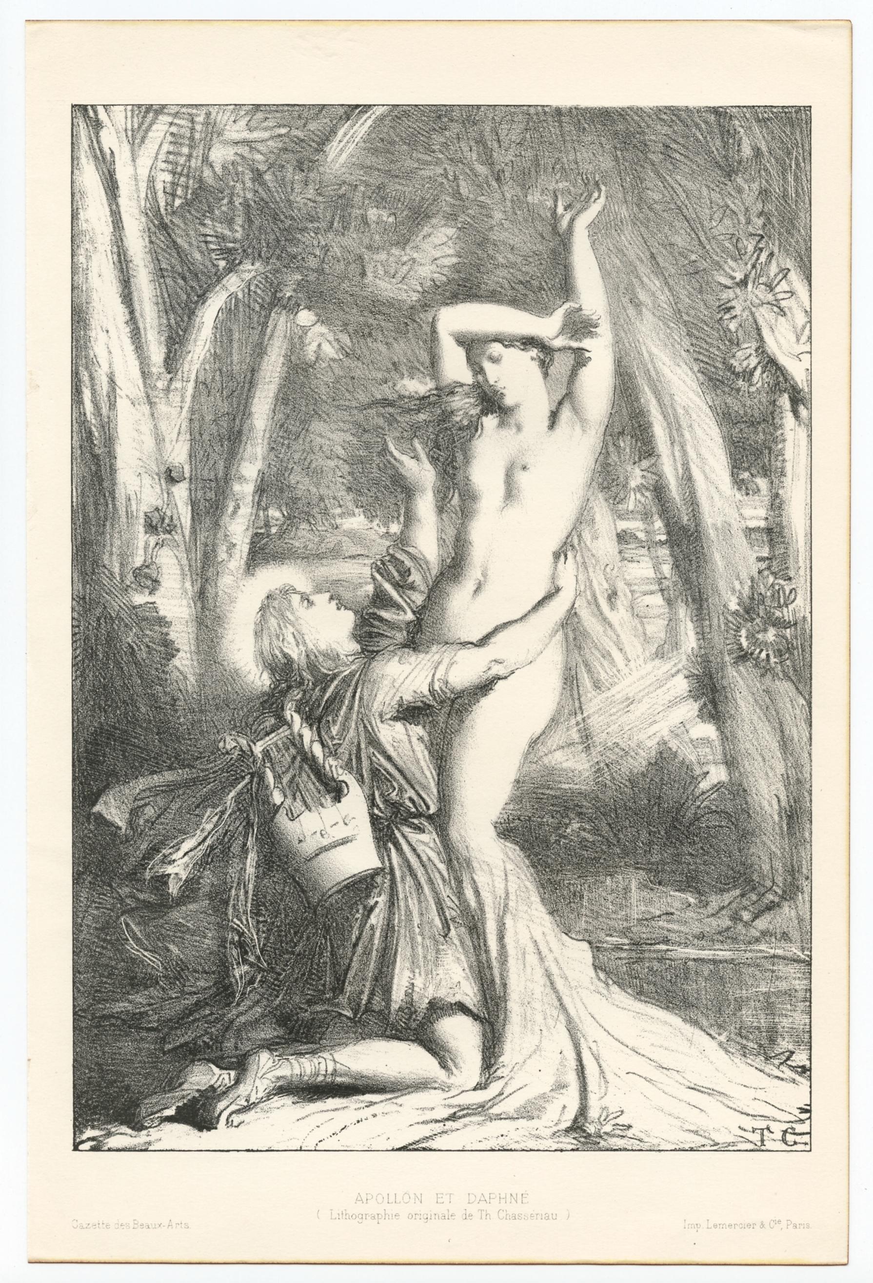 "Apollon et Daphne" original lithograph - Print by Théodore Chassériau