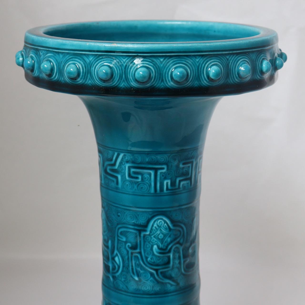 French Theodore Deck (1823-1891) , A Chinese Archaïc Taste Blue Faience Vase circa 1875