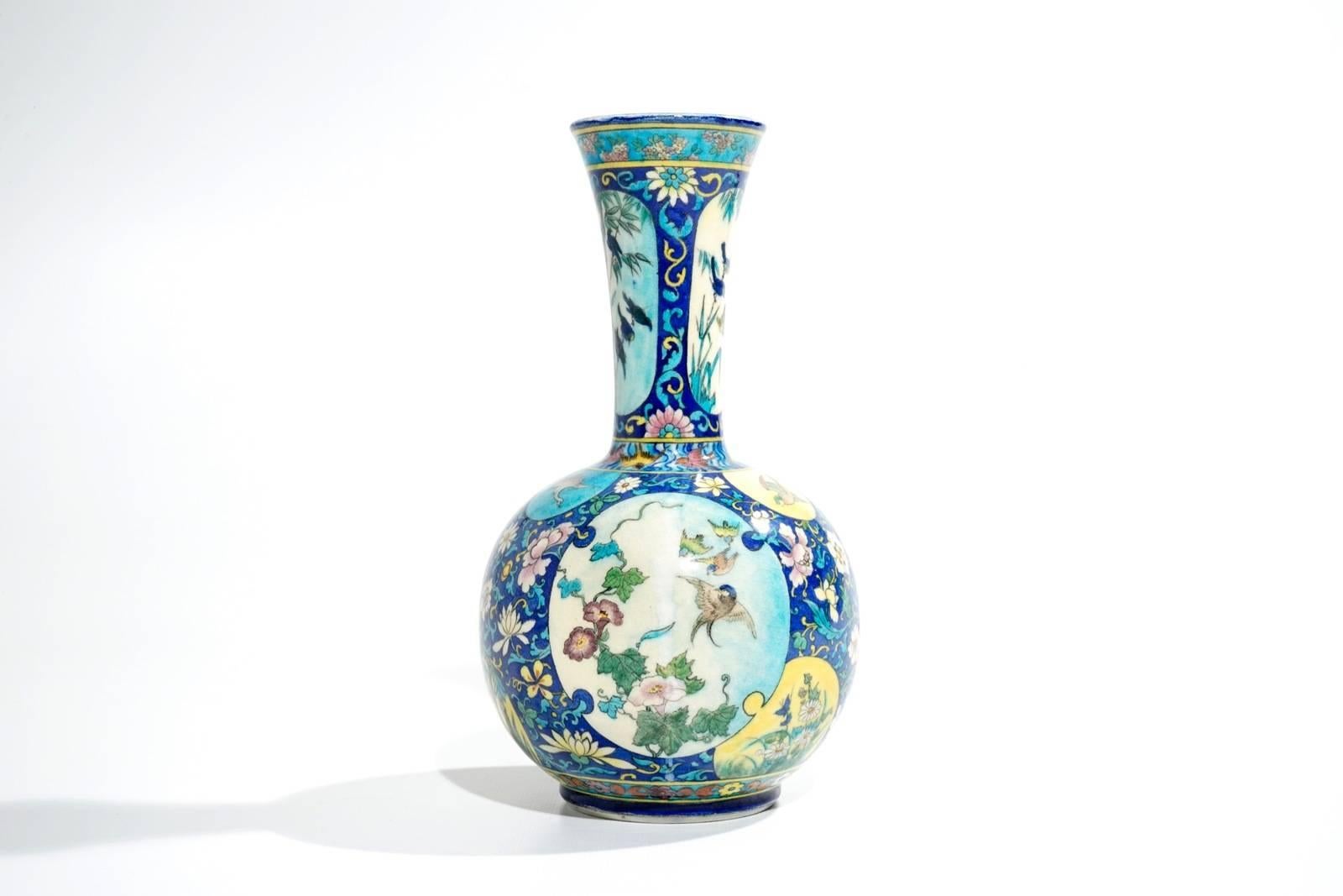 French Theodore Deck, Japonisme Polychromed Faience Baluster Vase