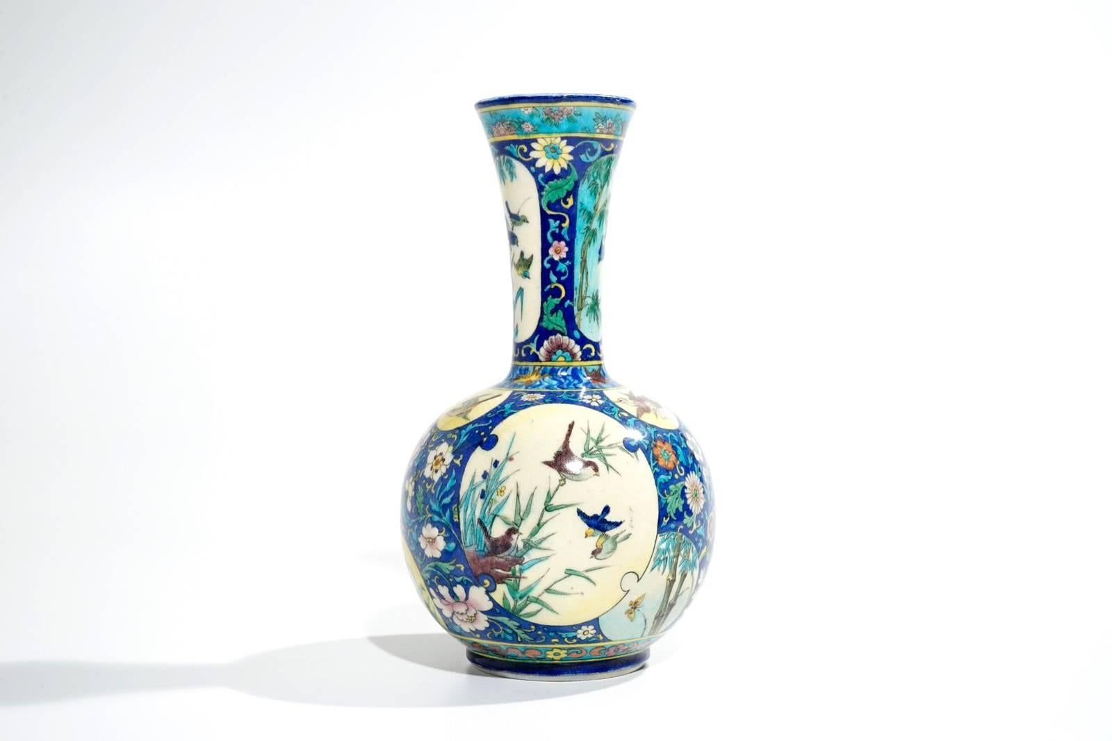 Theodore Deck, Japonisme Polychromed Faience Baluster Vase In Excellent Condition In Saint-Ouen, FR