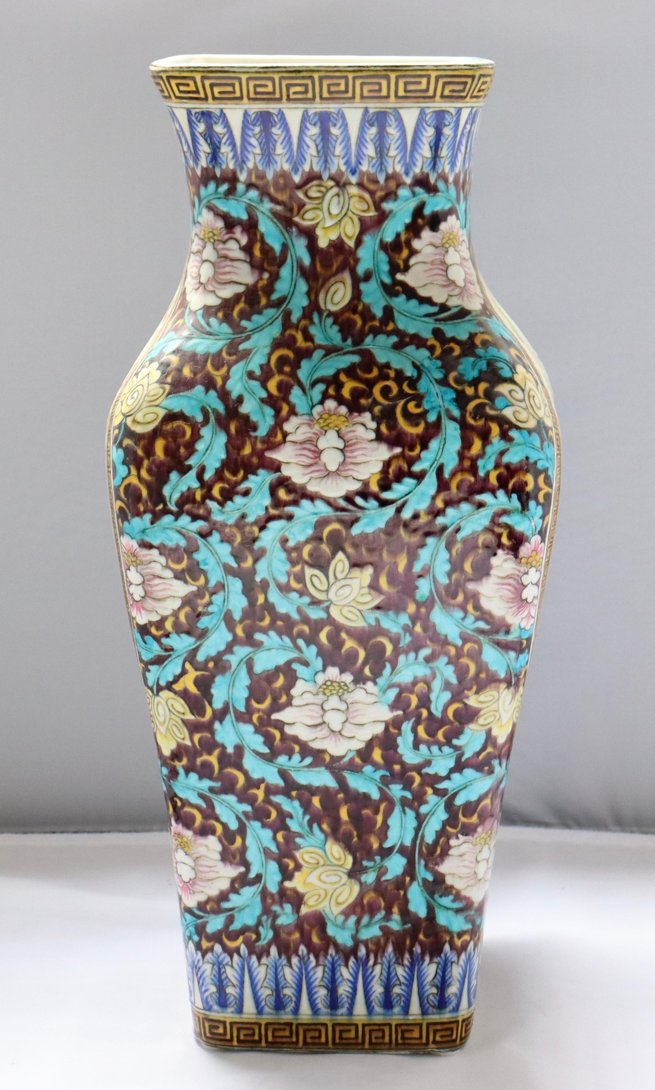French Theodore Deck '1823-1891', a Japonisme Polychromed Faience Quadrangular Vase For Sale