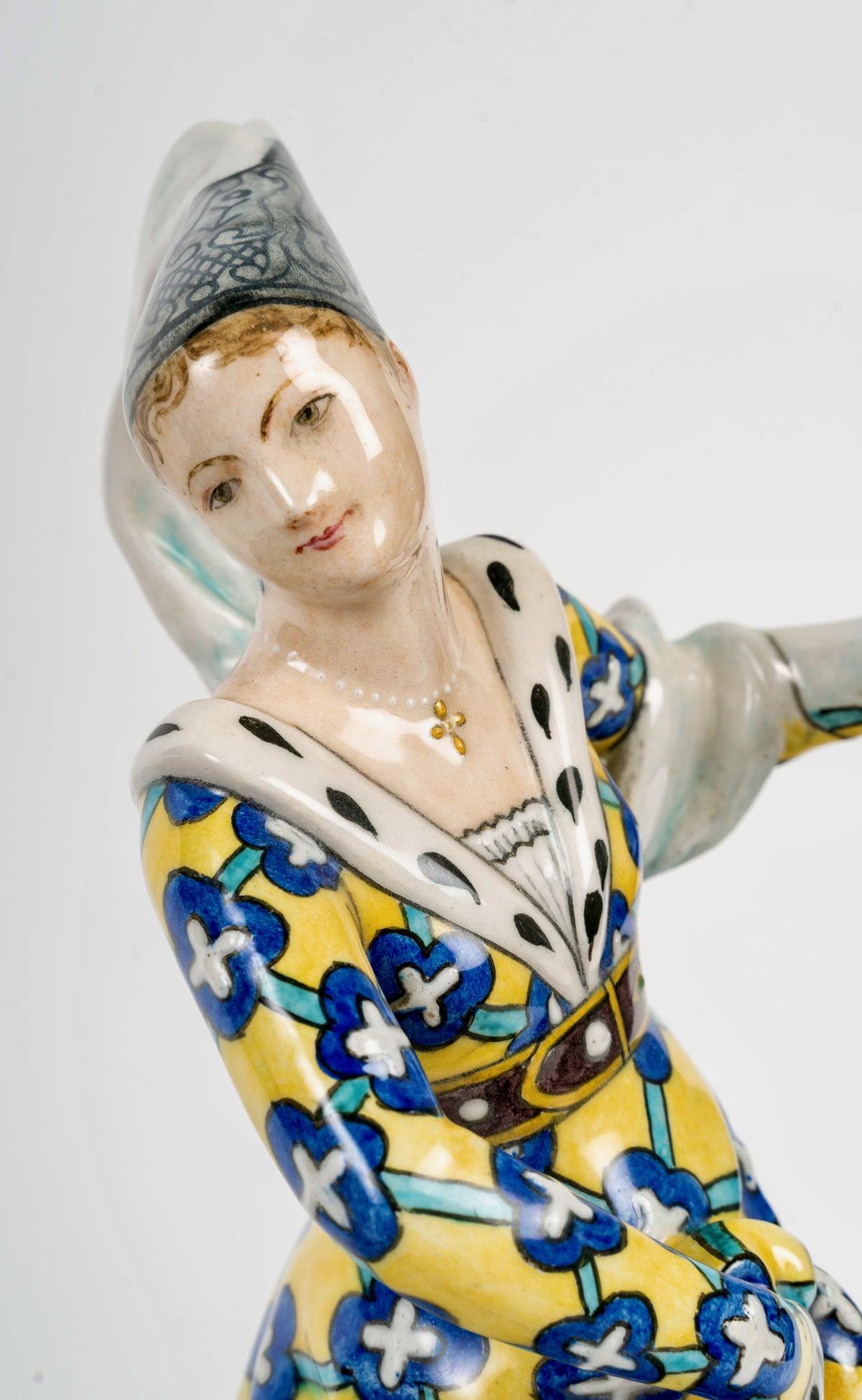 Théodore Deck (1823-1891), Amor cortés, Raro par de figuras de loza , c.1860 Fayenza en venta