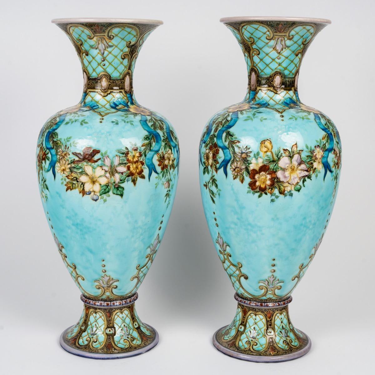 Napoleon III Théodore Deck (1823-1891) Large Pair of Faience Vases circa 1870 For Sale