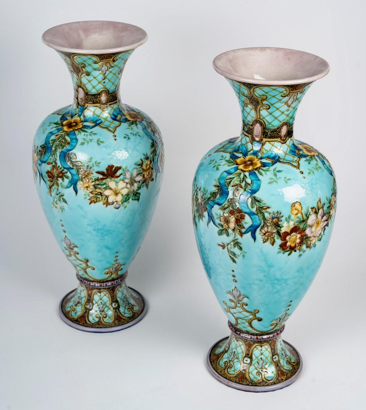 French Théodore Deck (1823-1891) Large Pair of Faience Vases circa 1870 For Sale