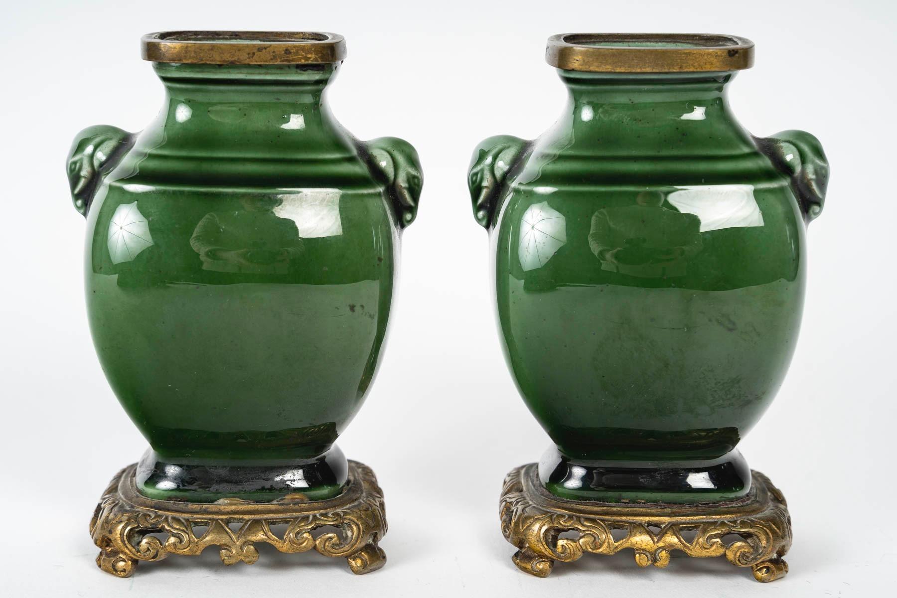 Théodore Deck (1823-1891), Miniature Fayence-Vasenpaar um 1870 im Angebot