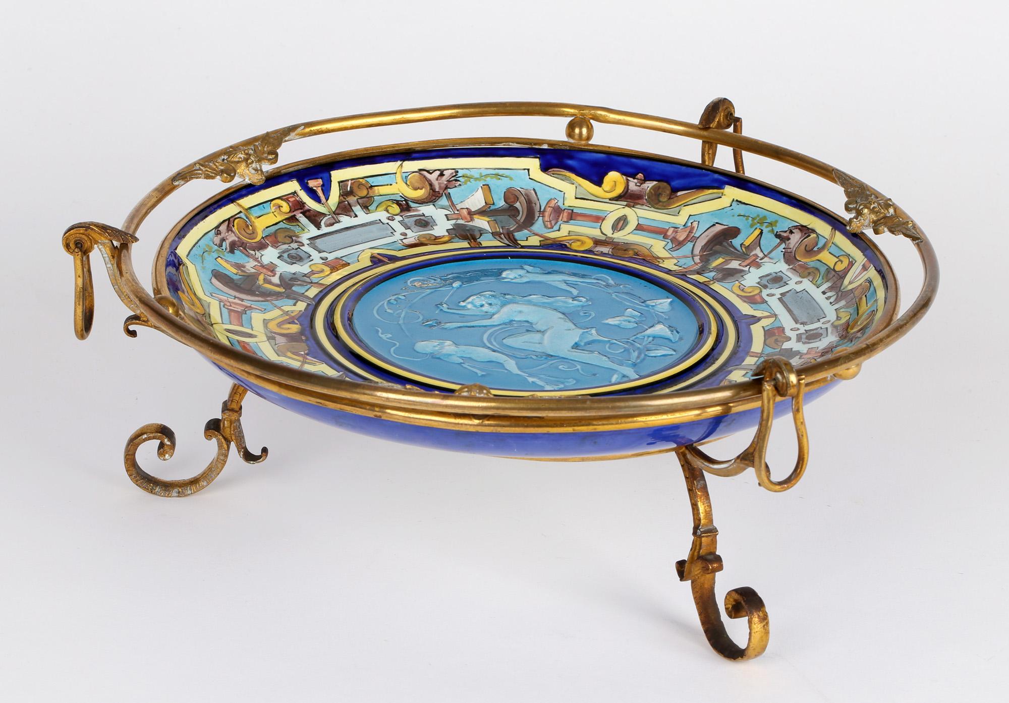 Théodore Deck Attributed French Ormolu Mounted Majolica Tazza For Sale 9