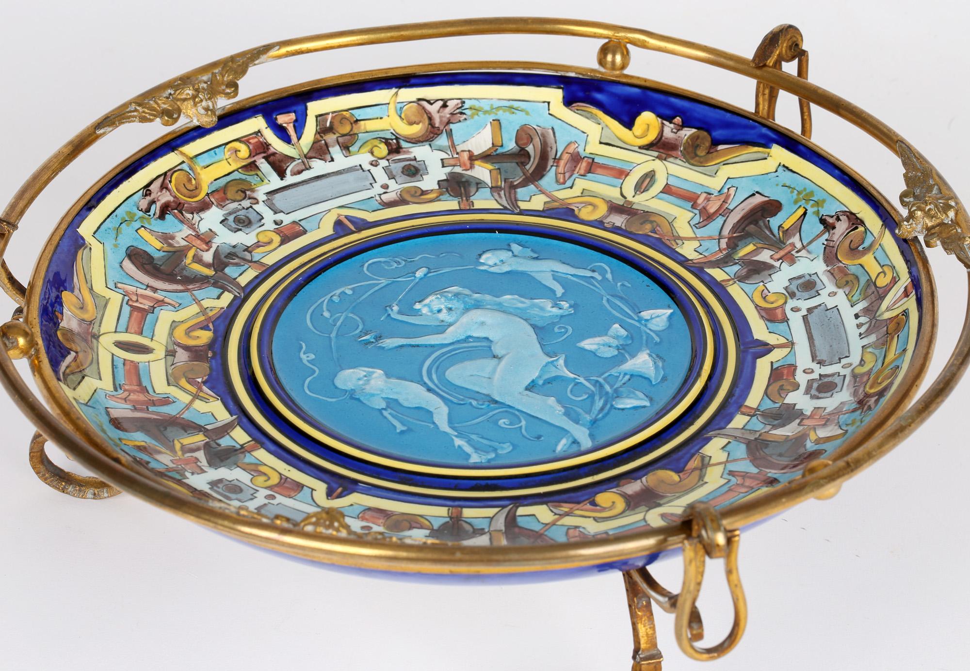 Théodore Deck Attributed French Ormolu Mounted Majolica Tazza For Sale 10