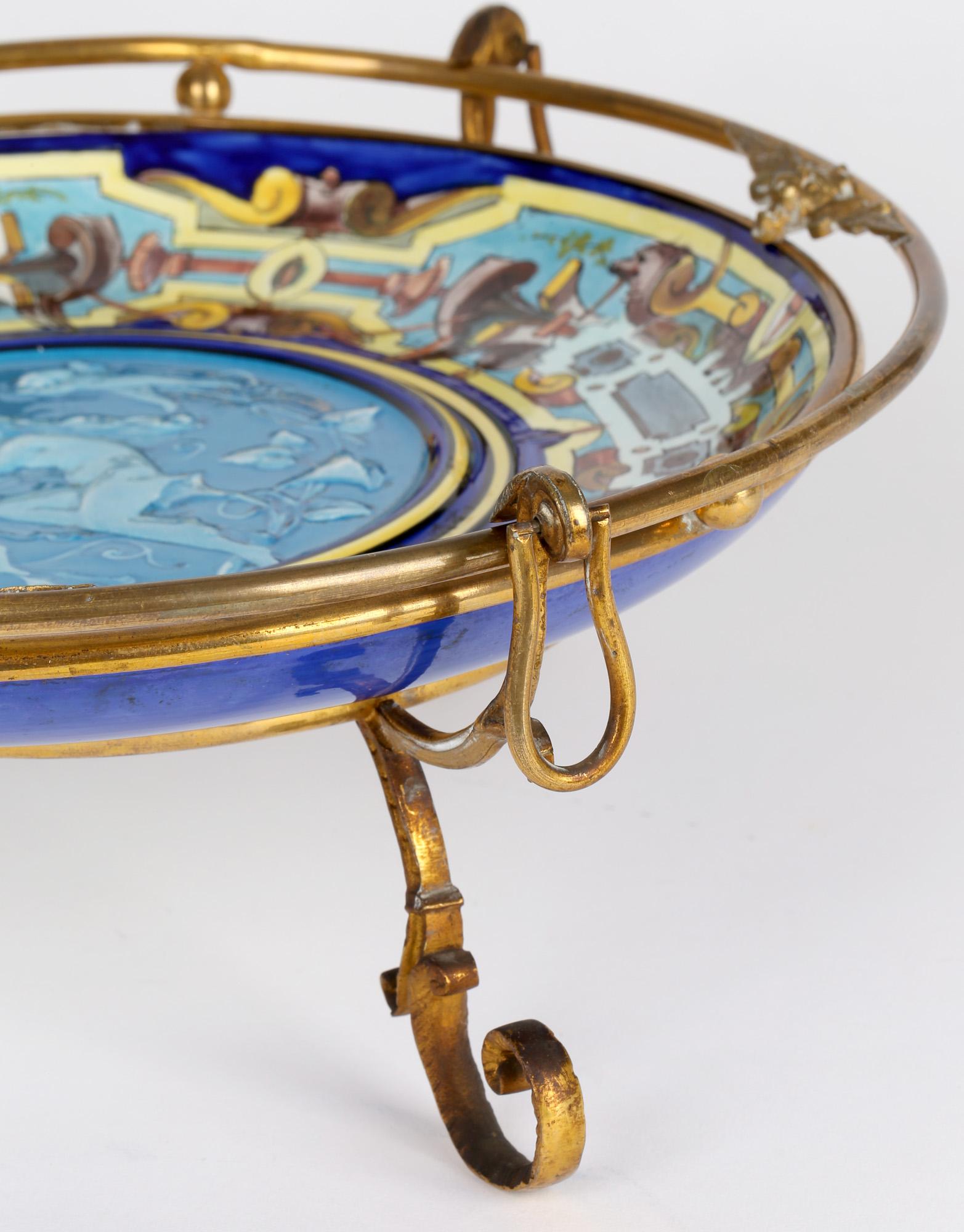 Théodore Deck Attributed French Ormolu Mounted Majolica Tazza For Sale 12