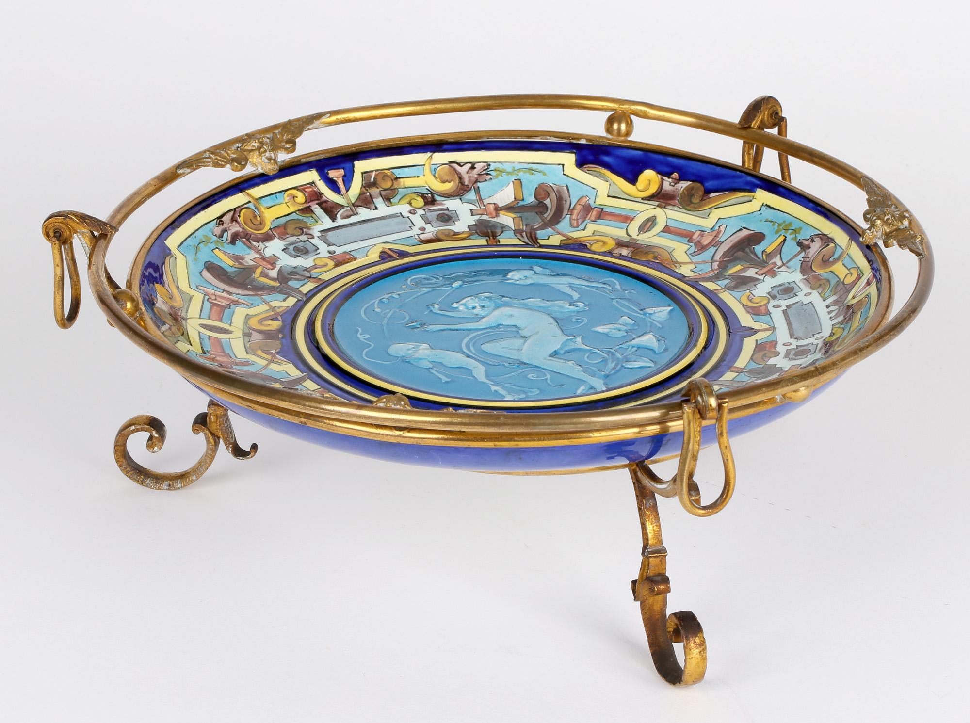 Aesthetic Movement Théodore Deck Attributed French Ormolu Mounted Majolica Tazza For Sale