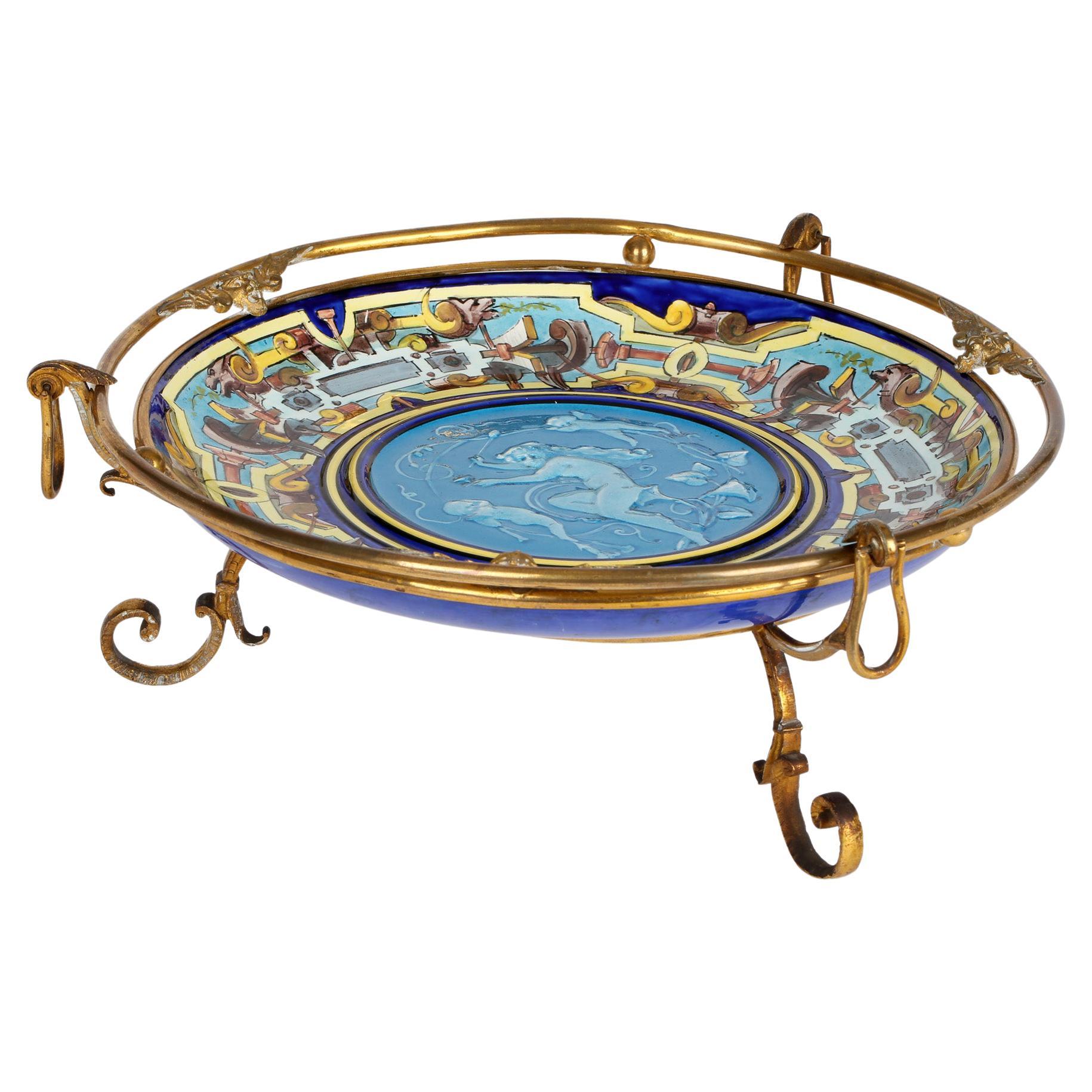 Théodore Deck Attributed French Ormolu Mounted Majolica Tazza